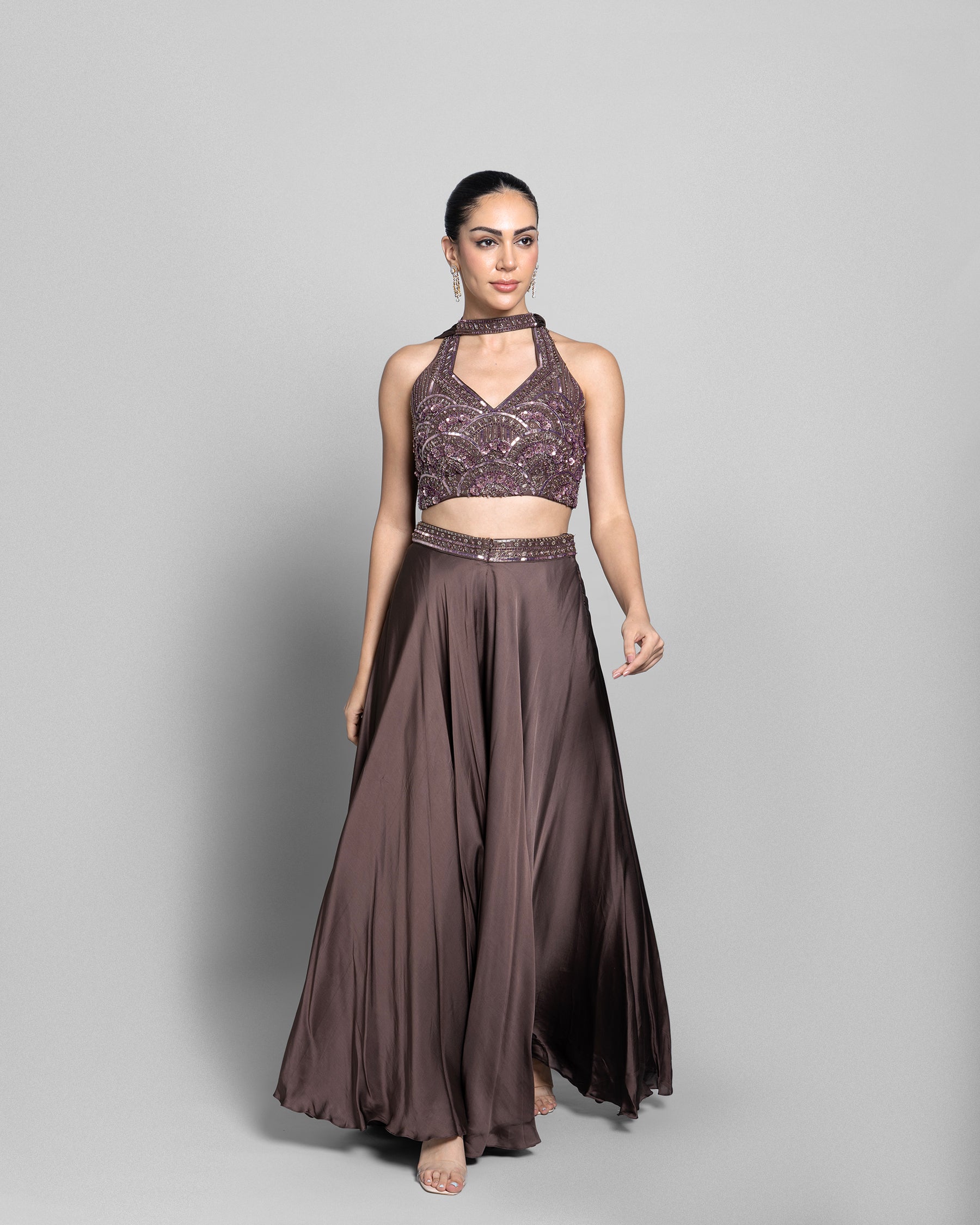 MOCHA EMBELLISHED CROP-TOP WITH PALAZZO