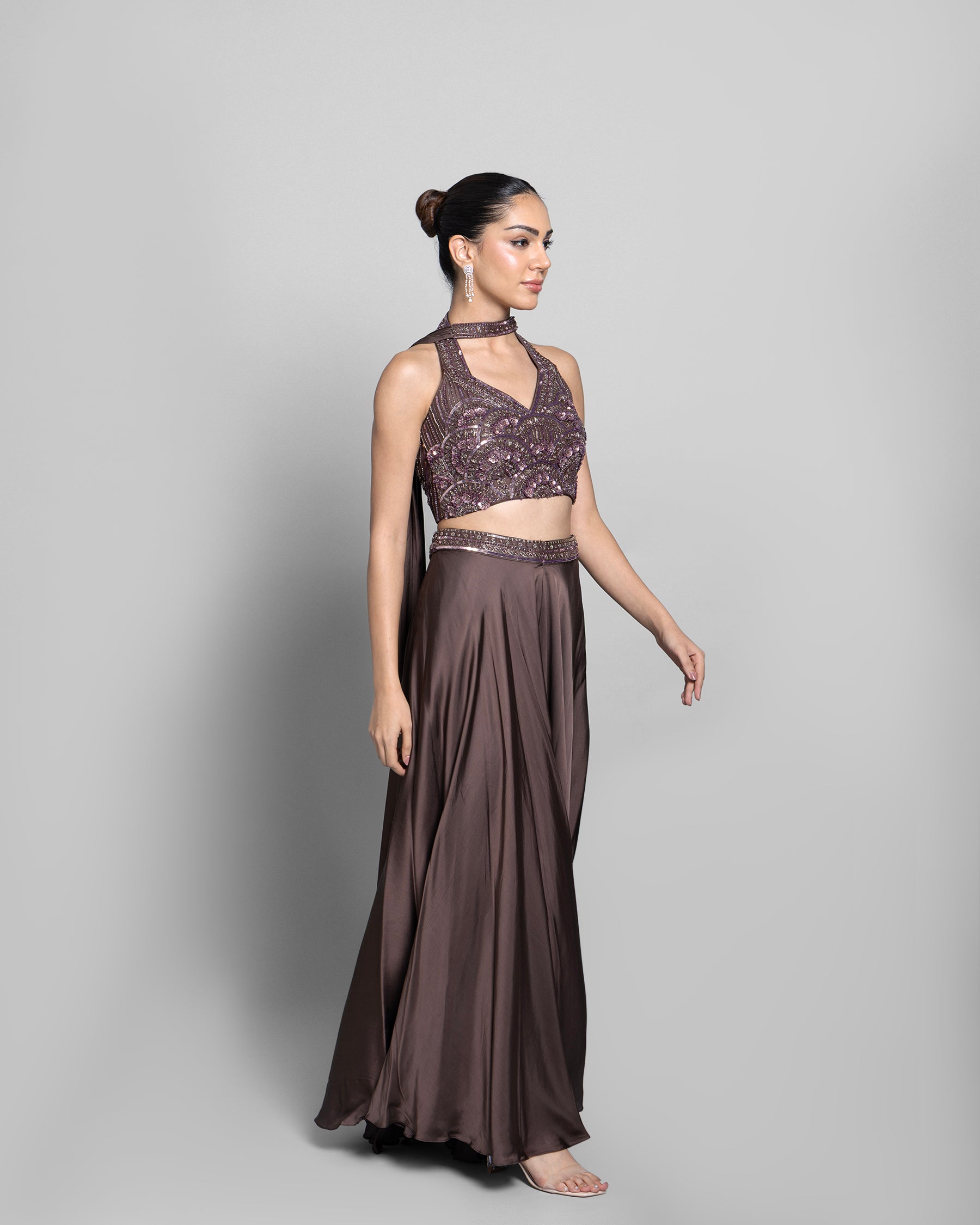 MOCHA EMBELLISHED CROP-TOP WITH PALAZZO