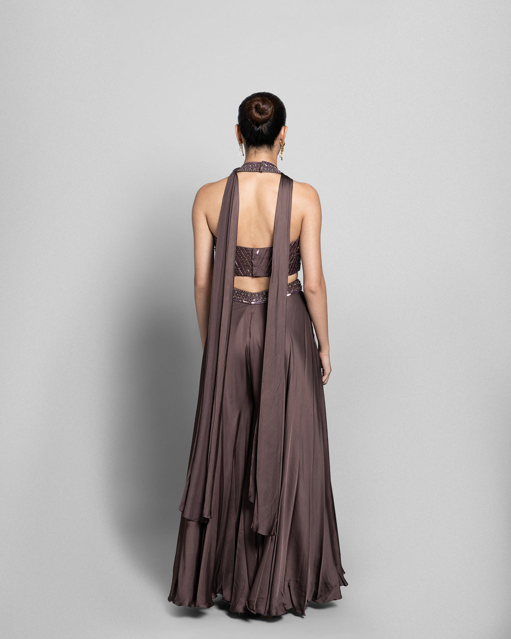 MOCHA EMBELLISHED CROP-TOP WITH PALAZZO