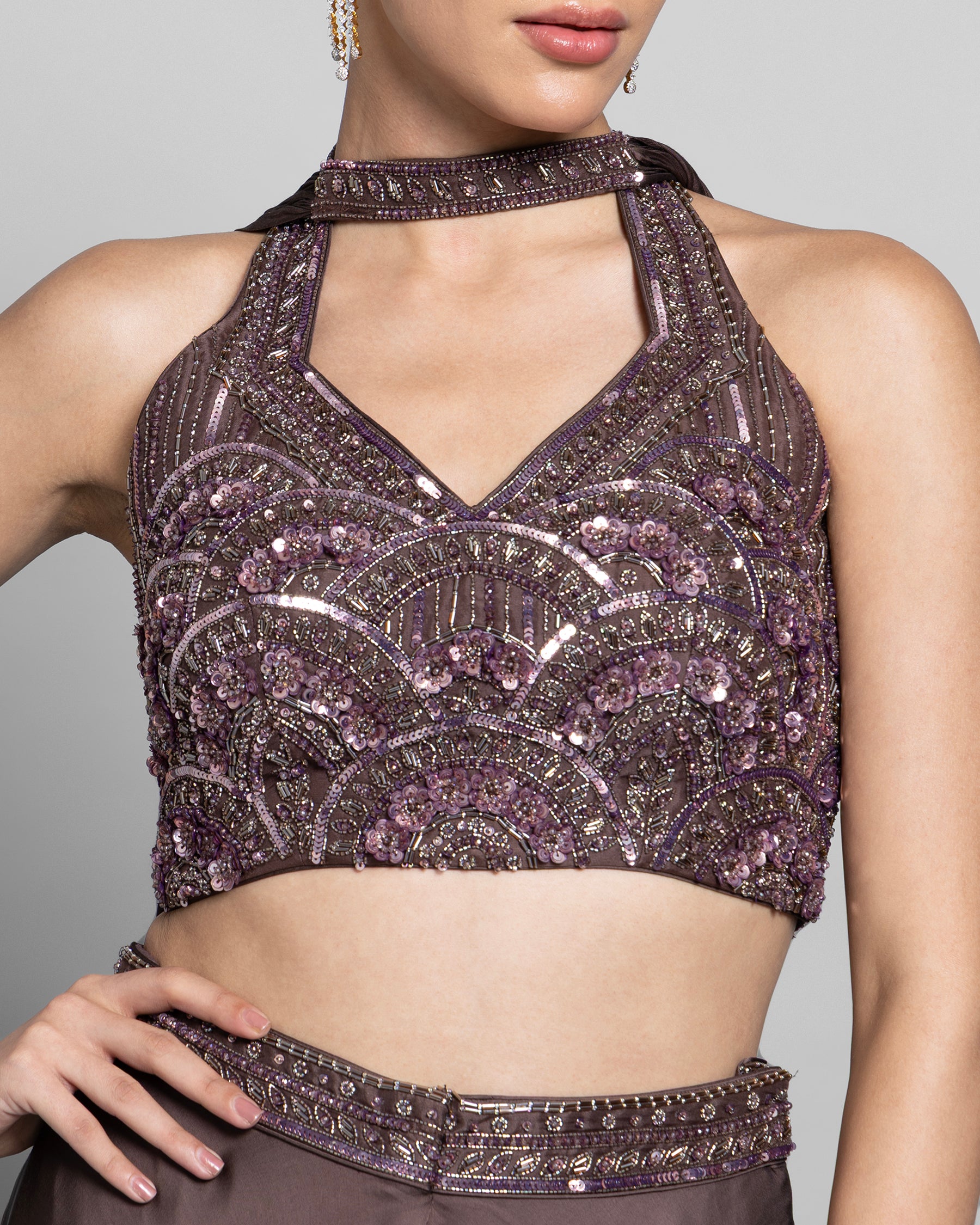 MOCHA EMBELLISHED CROP-TOP WITH PALAZZO