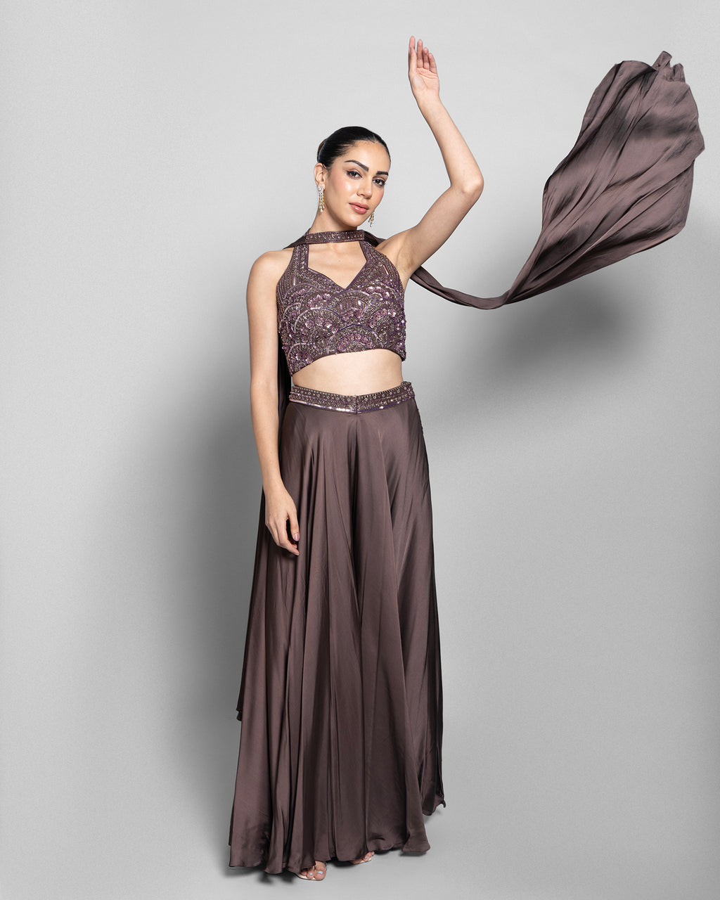 MOCHA EMBELLISHED CROP-TOP WITH PALAZZO