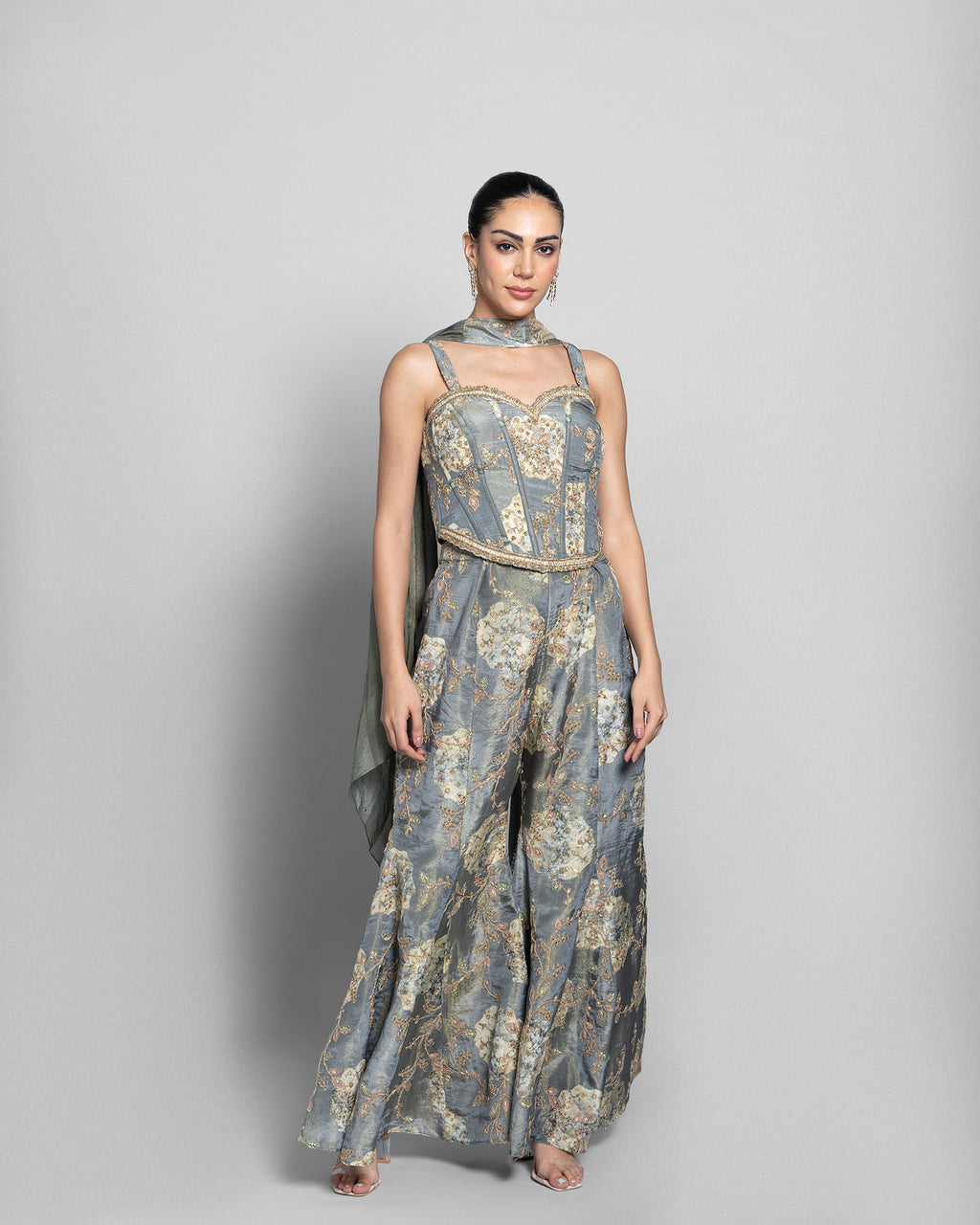 STONE BLUE TISSUE CORSET TOP WITH PALAZZO