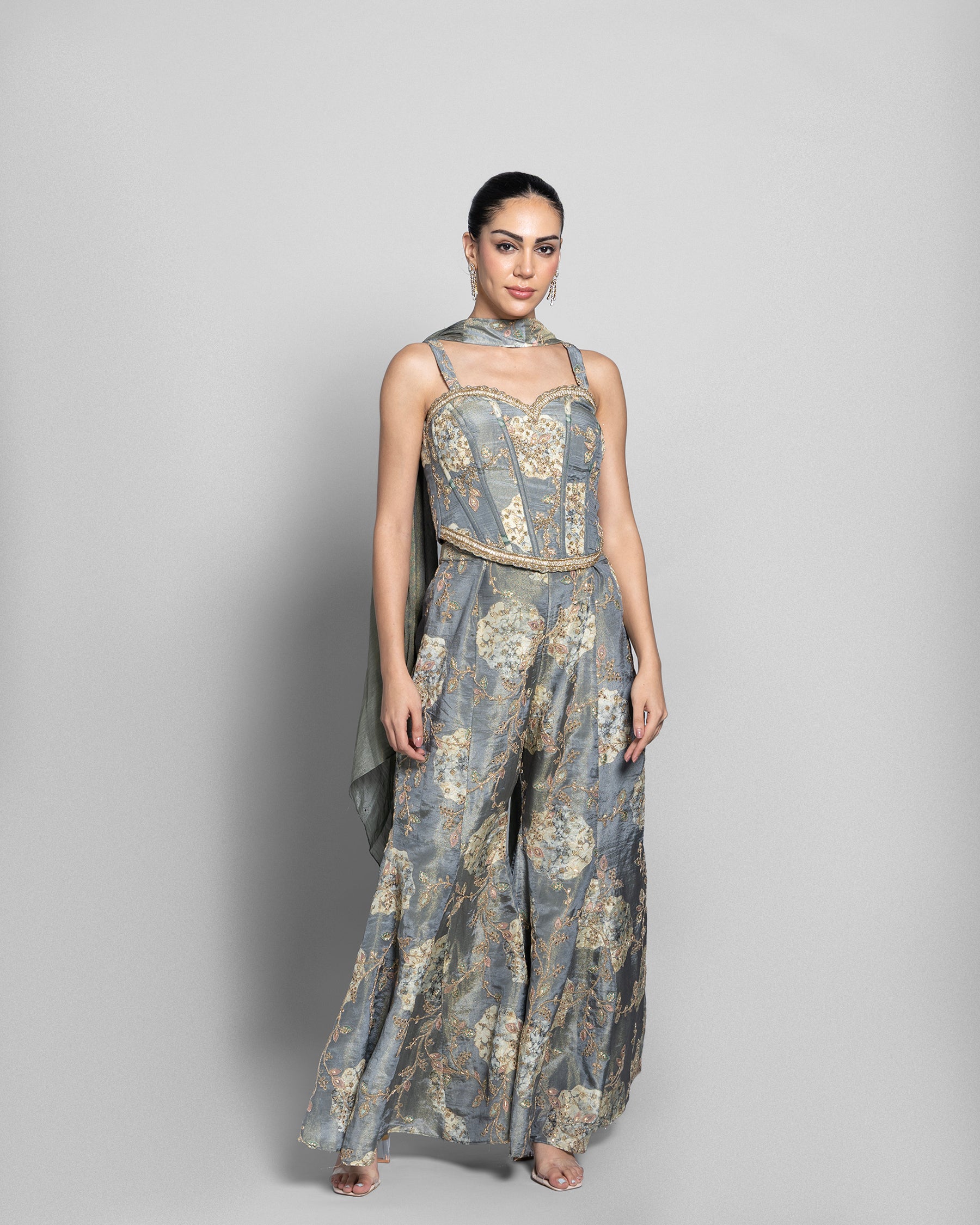 STONE BLUE TISSUE CORSET TOP WITH PALAZZO