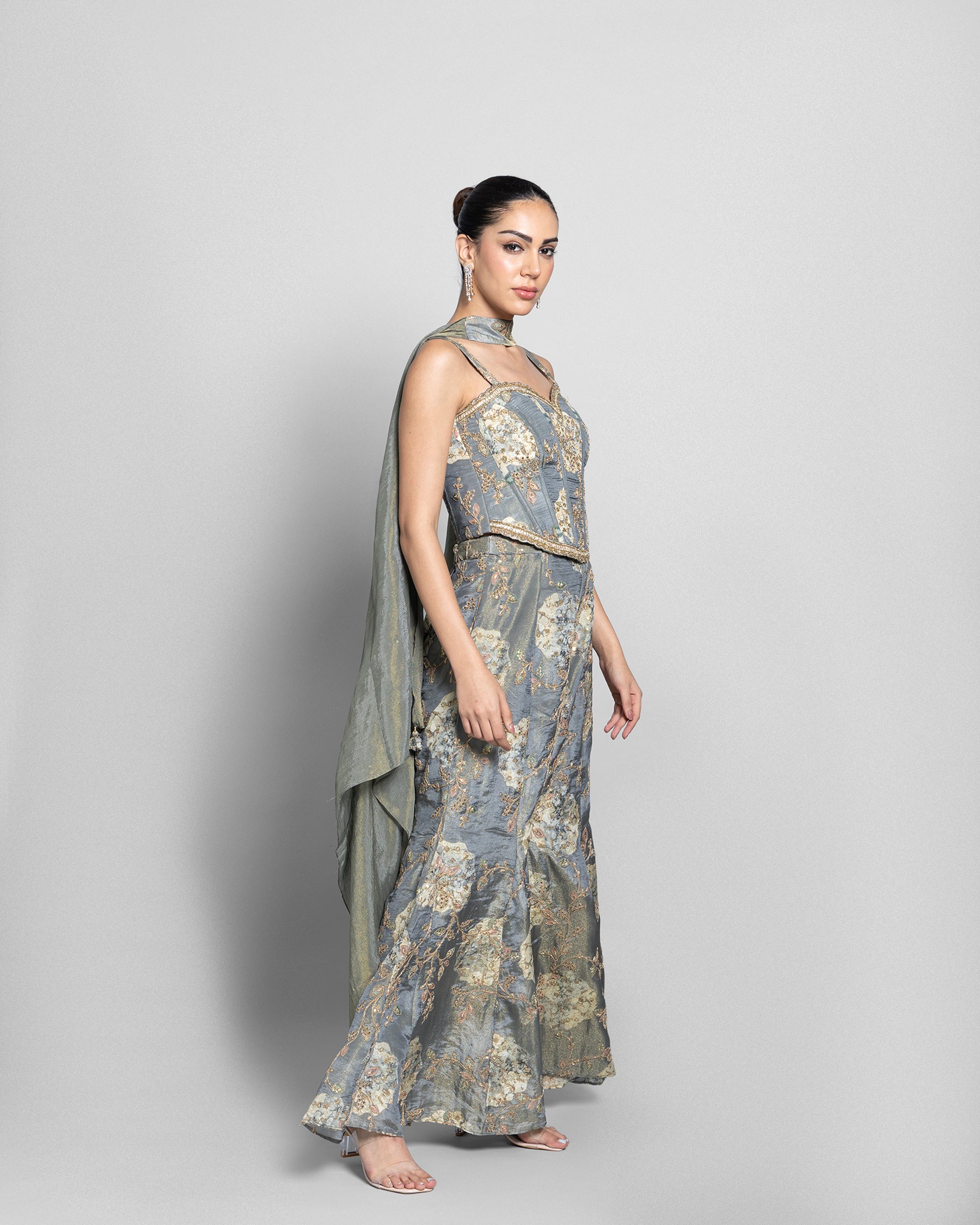 STONE BLUE TISSUE CORSET TOP WITH PALAZZO