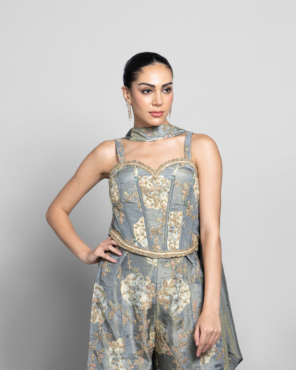 STONE BLUE TISSUE CORSET TOP WITH PALAZZO