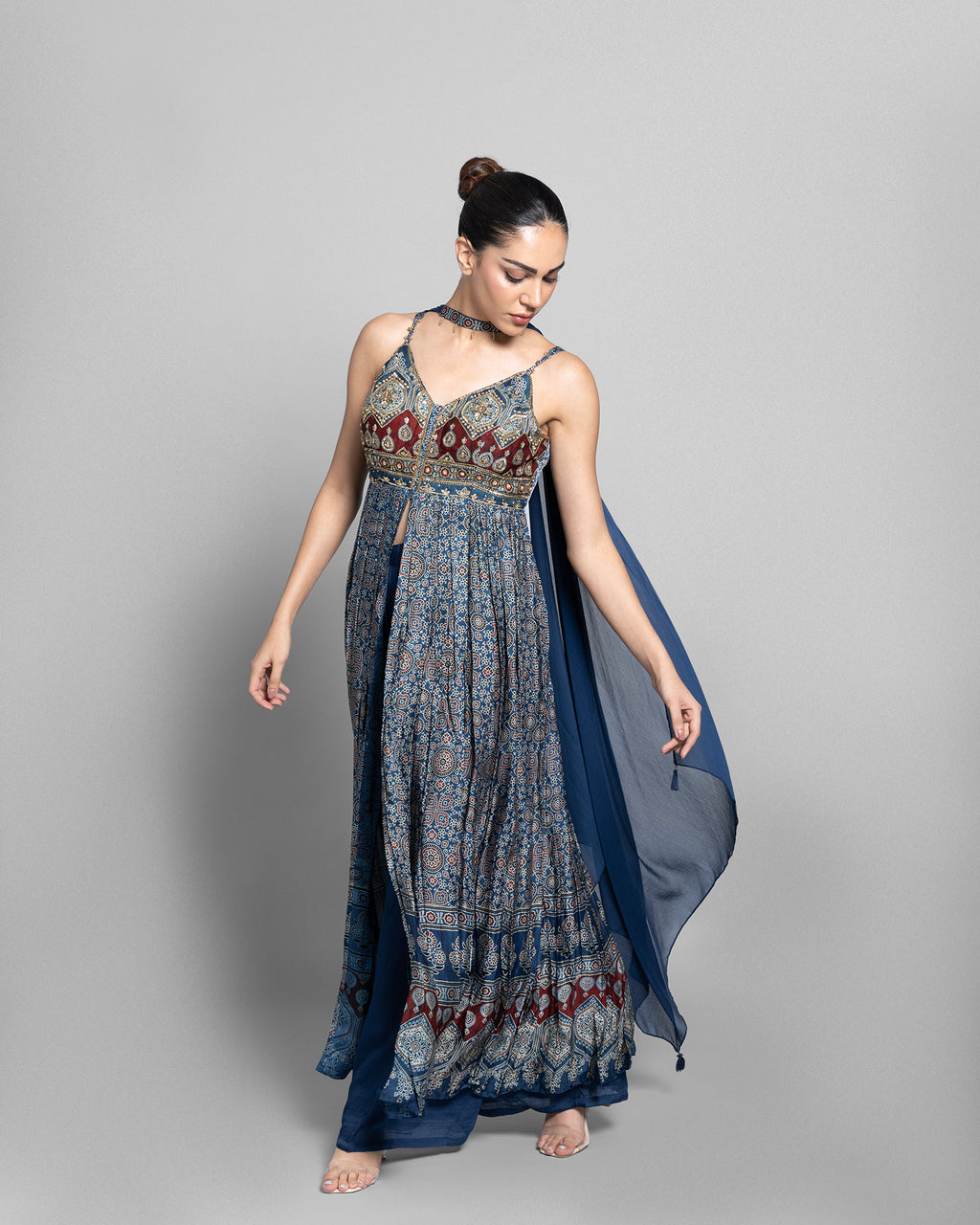 AJRAKH PRINT PANEL CUT SUIT SET