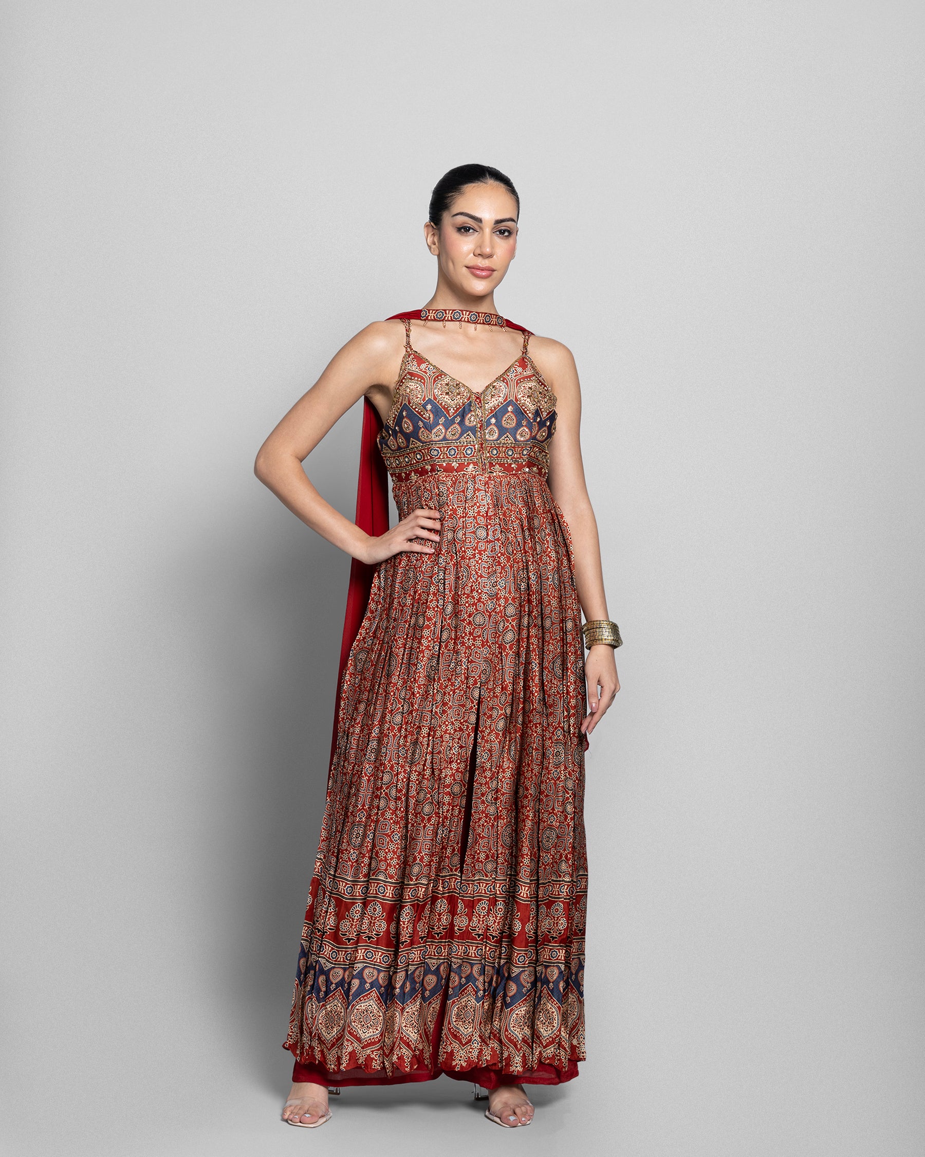 AJRAKH PRINT PANEL CUT SUIT SET