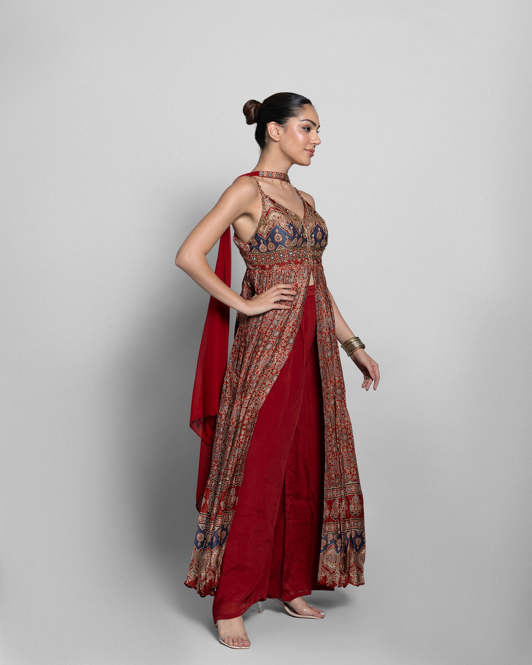 AJRAKH PRINT PANEL CUT SUIT SET