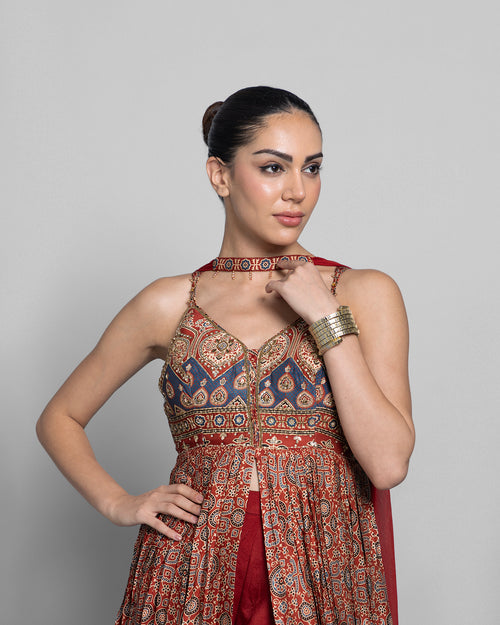 AJRAKH PRINT PANEL CUT SUIT SET