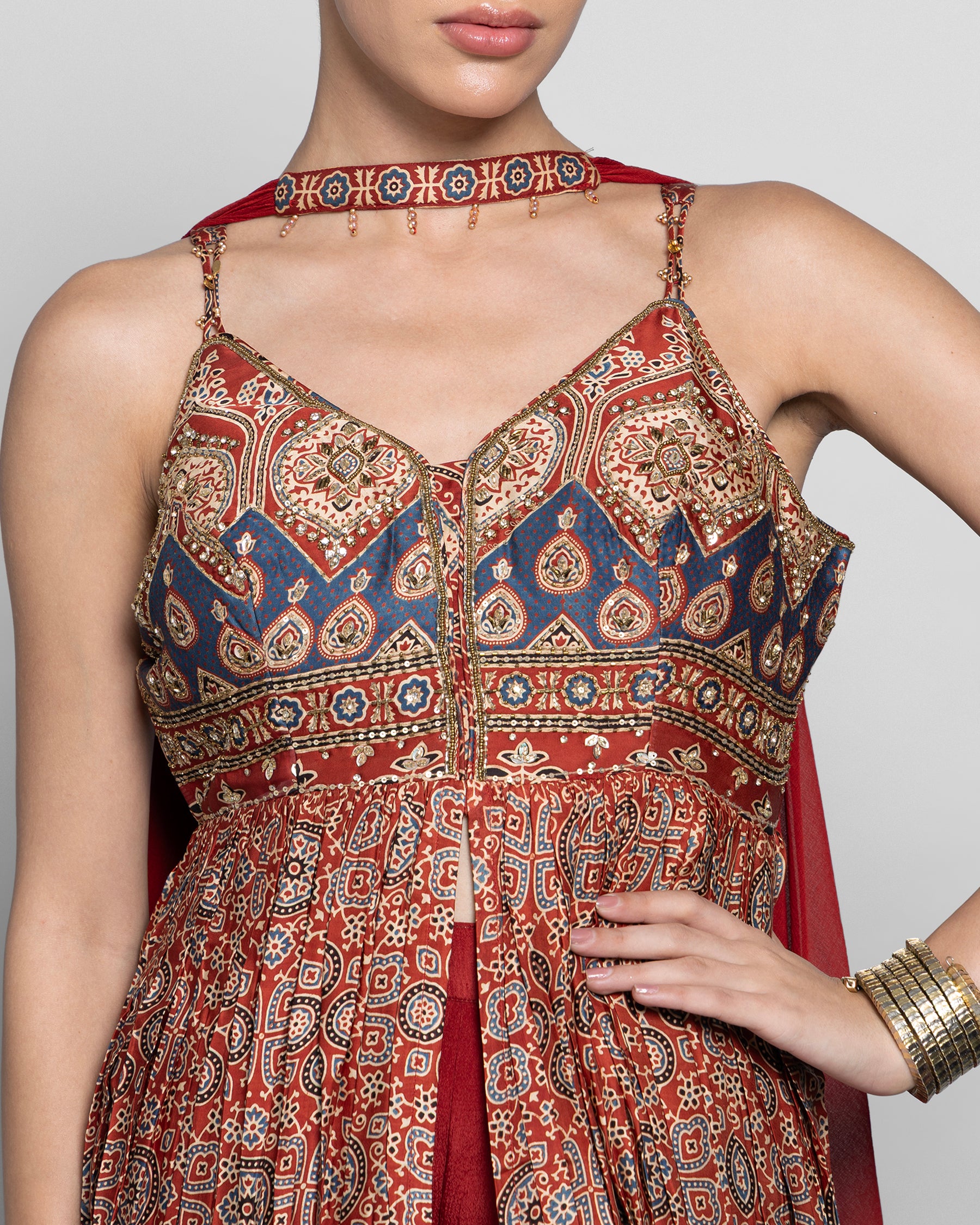 AJRAKH PRINT PANEL CUT SUIT SET