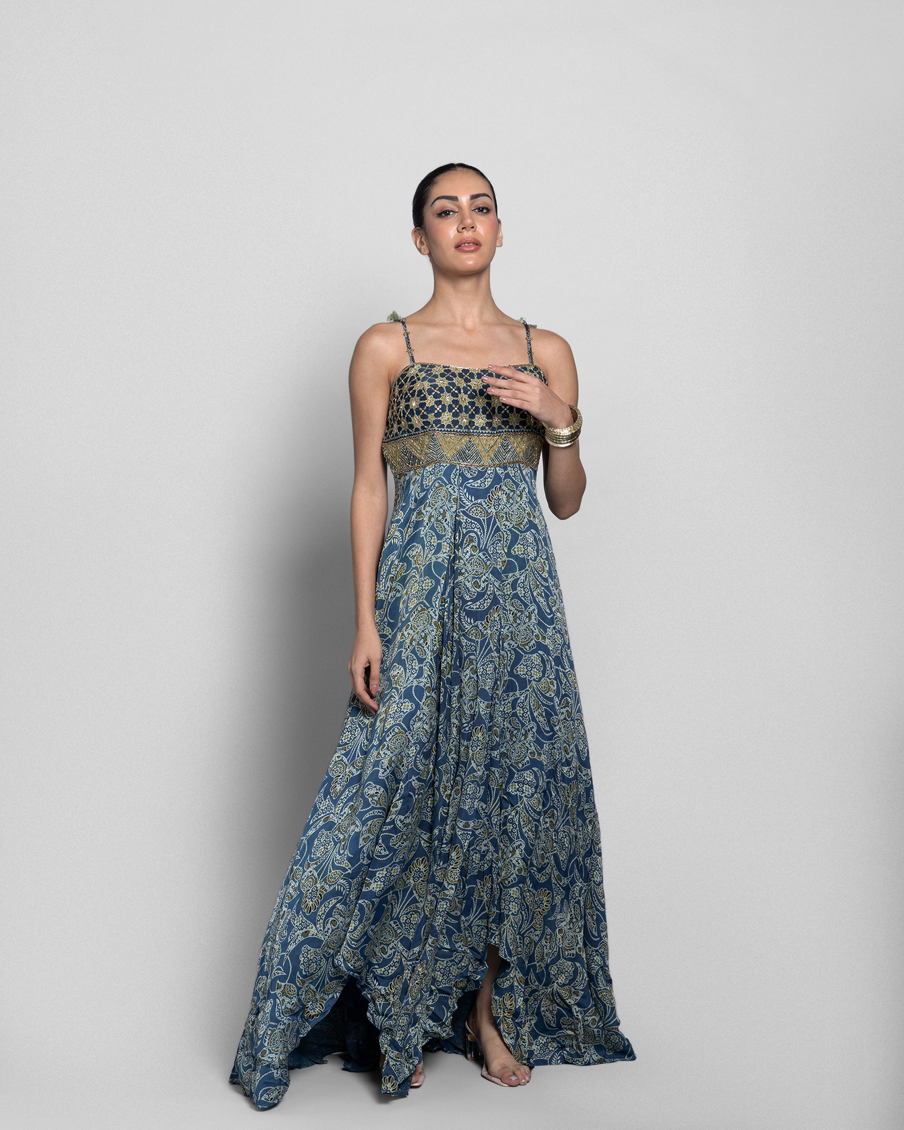 PRINTED SILK ASSYMETRIC ANARKALI SET