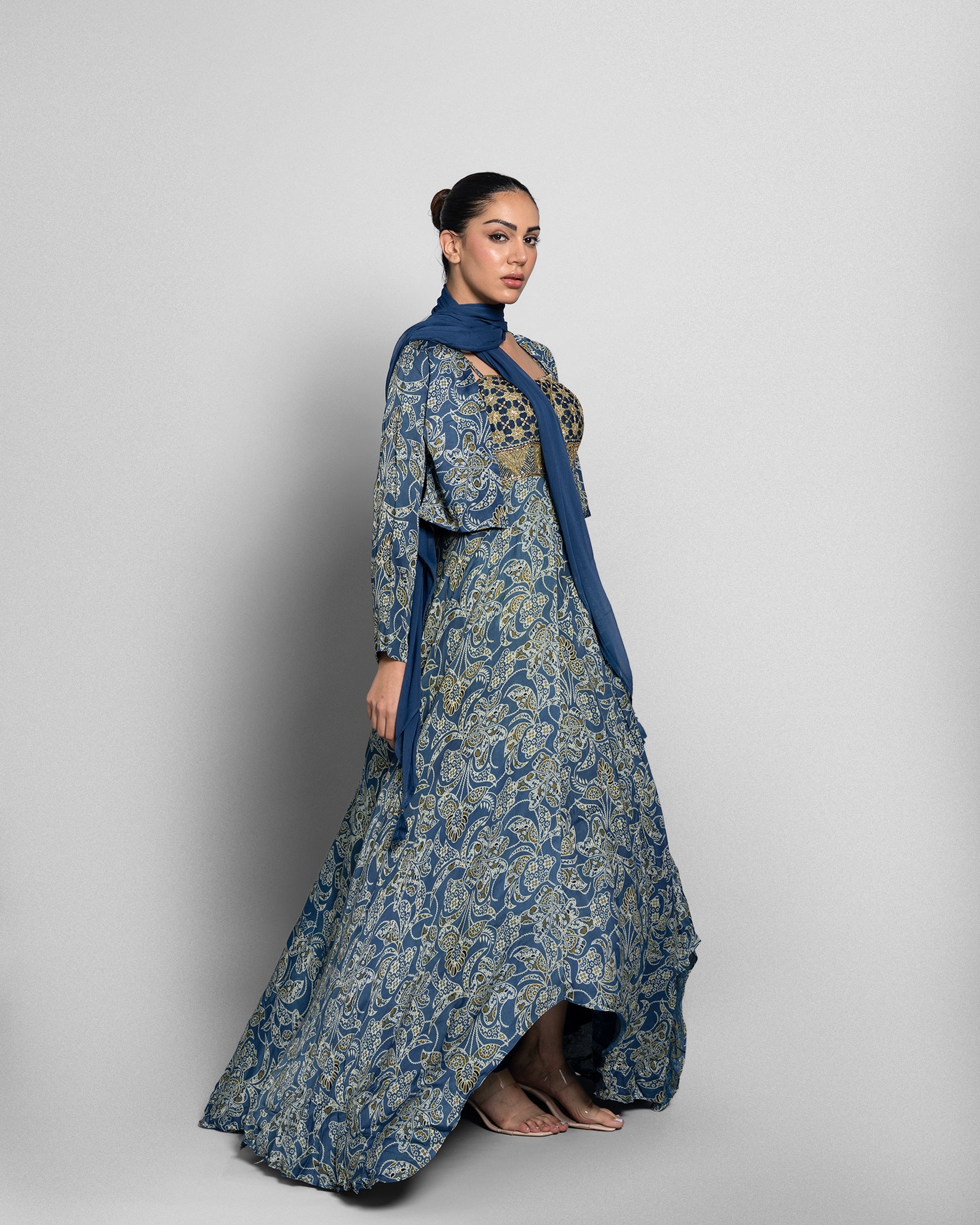 PRINTED SILK ASSYMETRIC ANARKALI SET