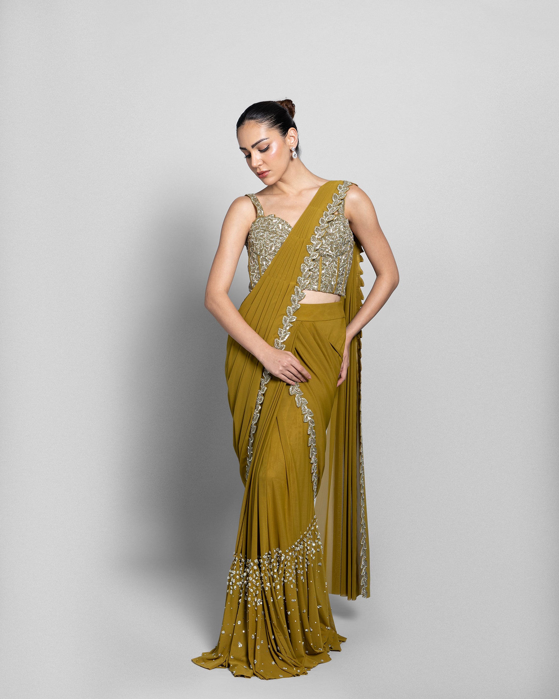 WARM OLIVE CORSET BODICE PRE-DRAPED SAREE SET