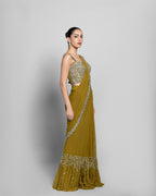 WARM OLIVE CORSET BODICE PRE-DRAPED SAREE SET