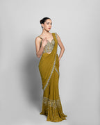 WARM OLIVE CORSET BODICE PRE-DRAPED SAREE SET