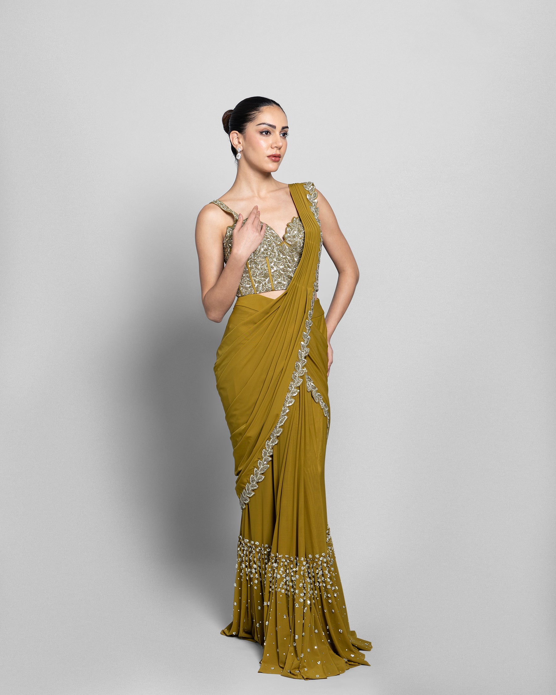 WARM OLIVE CORSET BODICE PRE-DRAPED SAREE SET