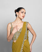 WARM OLIVE CORSET BODICE PRE-DRAPED SAREE SET