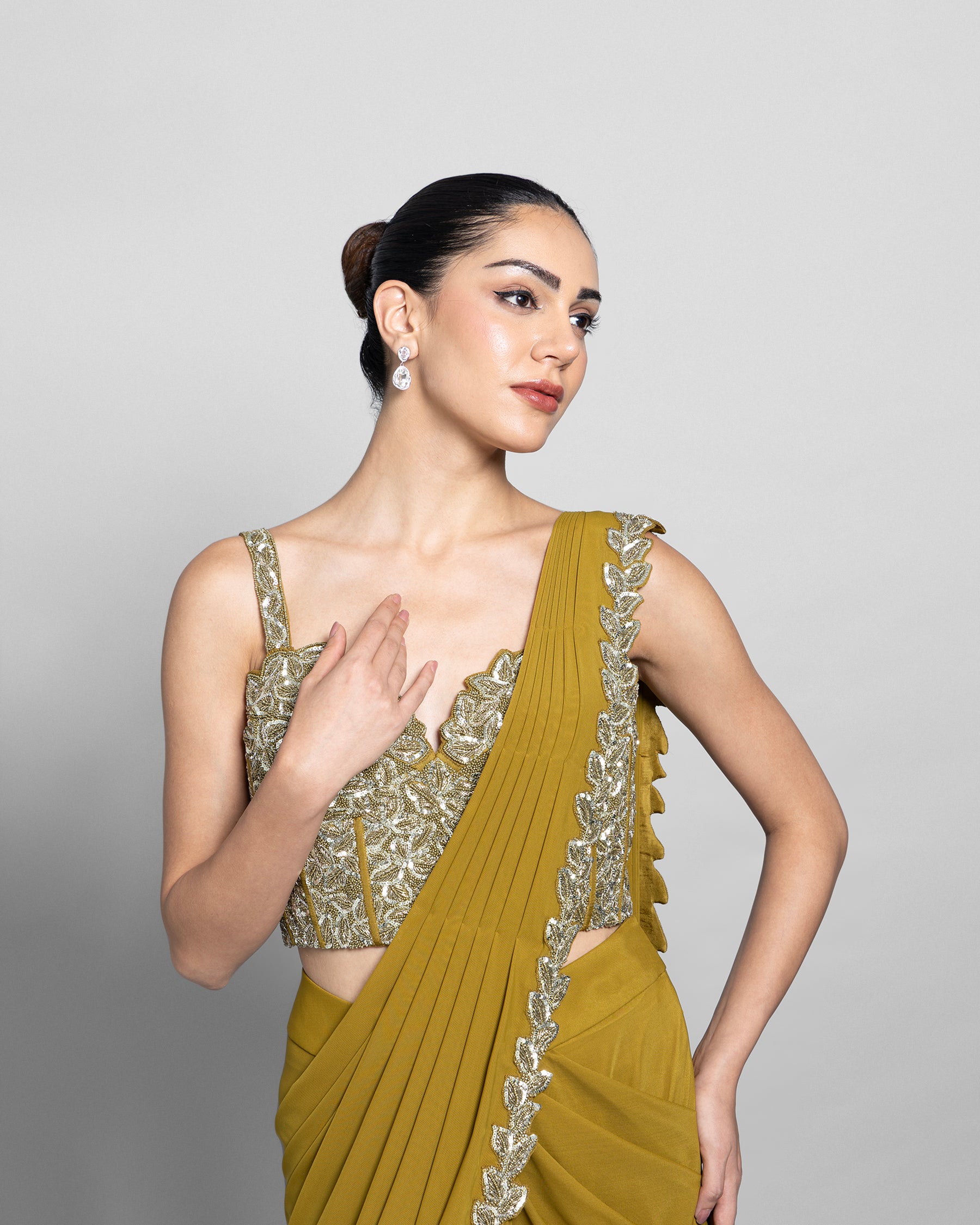 WARM OLIVE CORSET BODICE PRE-DRAPED SAREE SET