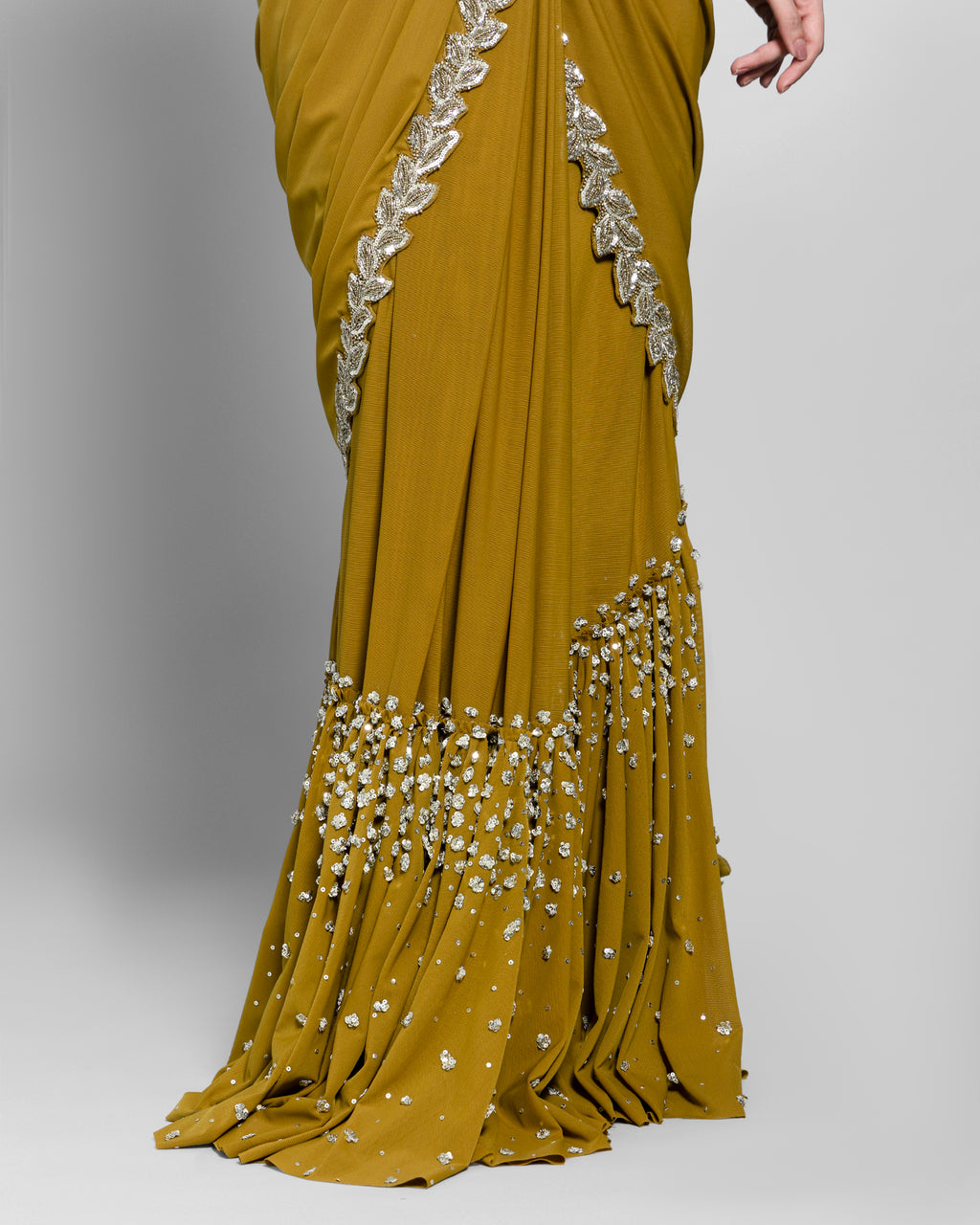WARM OLIVE CORSET BODICE PRE-DRAPED SAREE SET