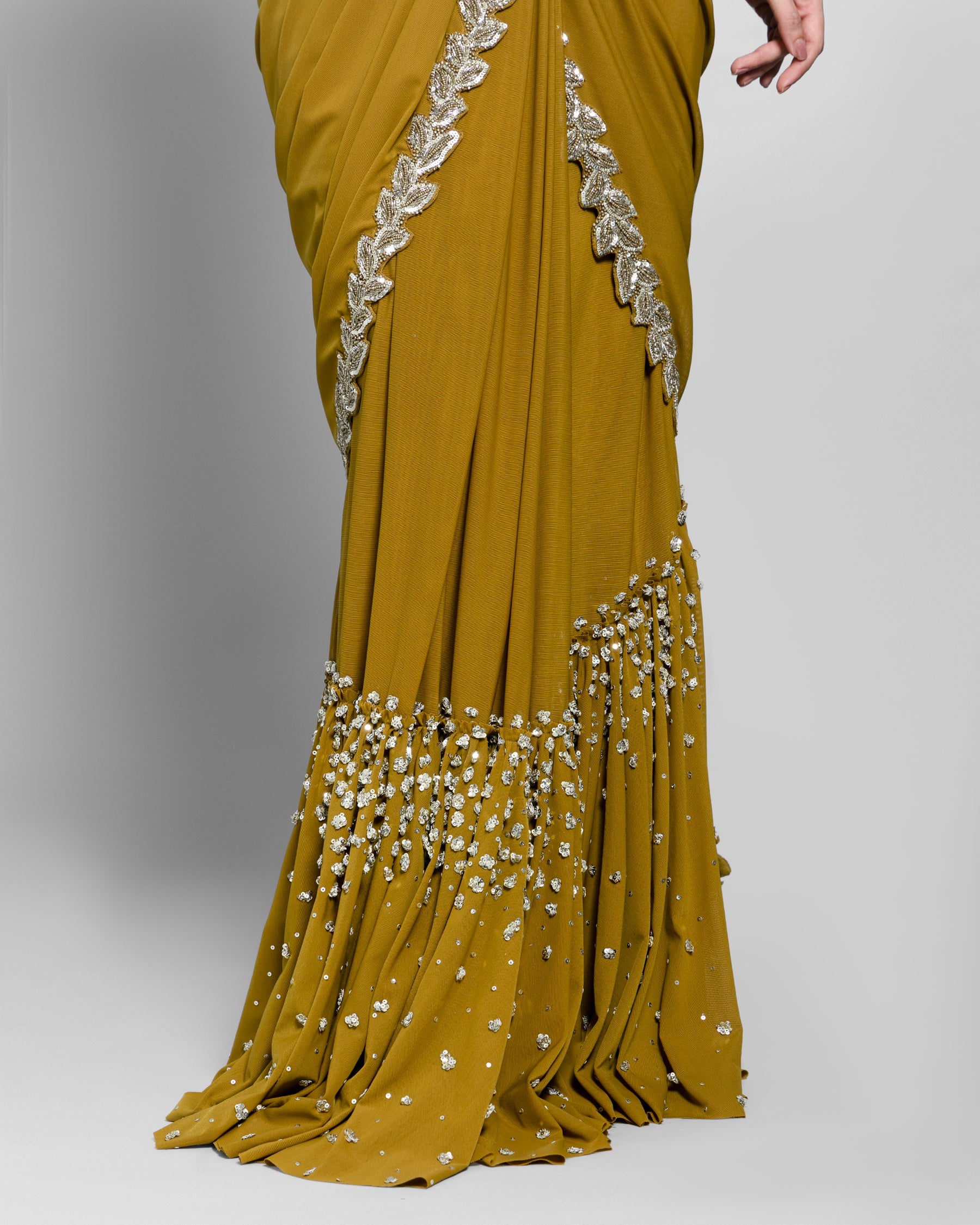 WARM OLIVE CORSET BODICE PRE-DRAPED SAREE SET