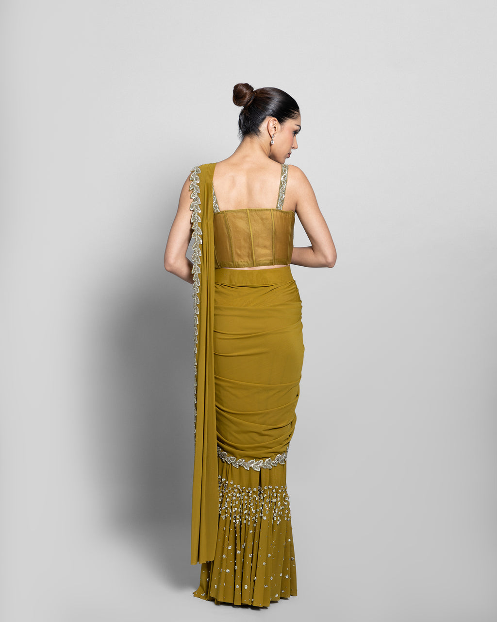 WARM OLIVE CORSET BODICE PRE-DRAPED SAREE SET