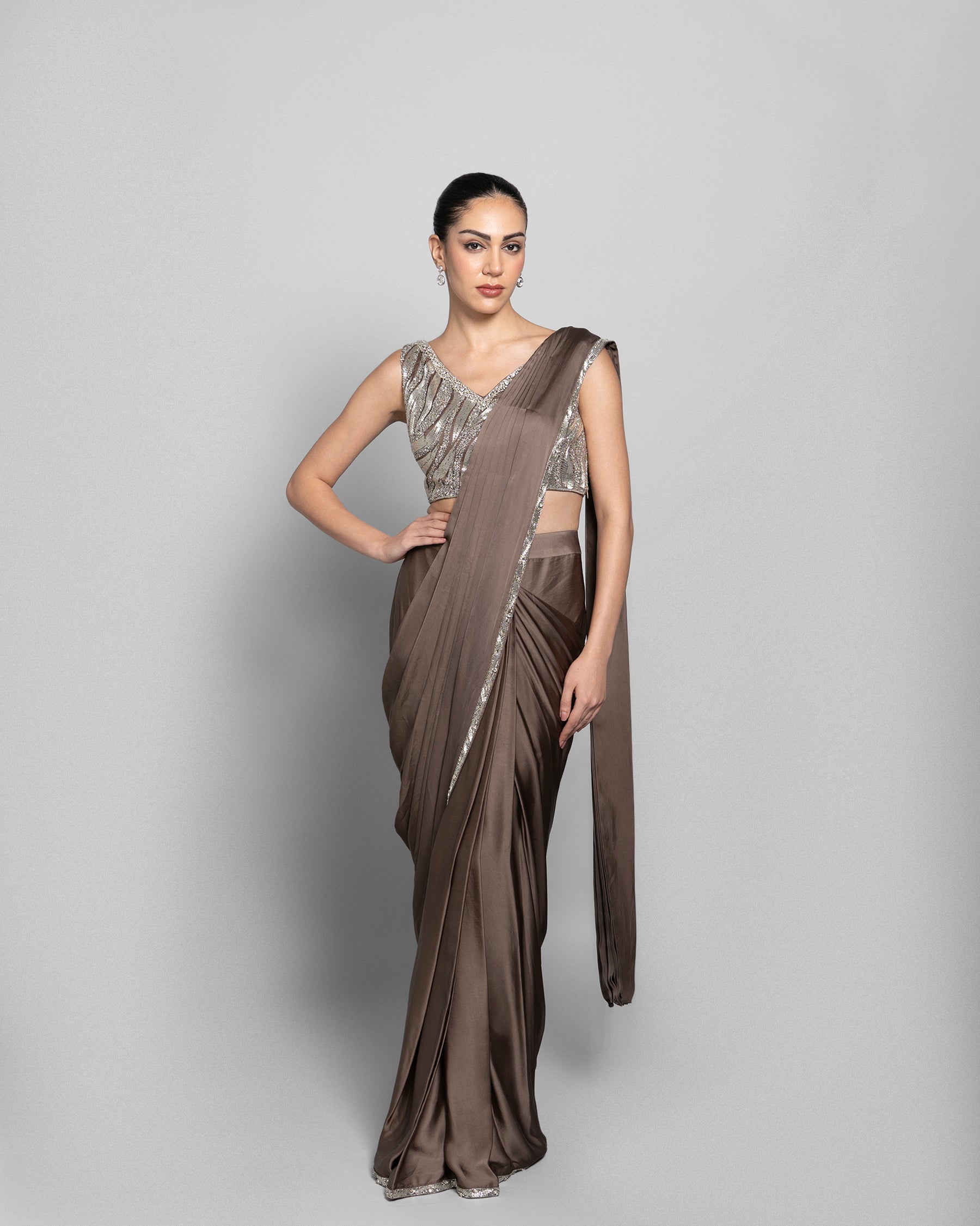 TAUPE SHIMMER PRE-DRAPED SAREE SET