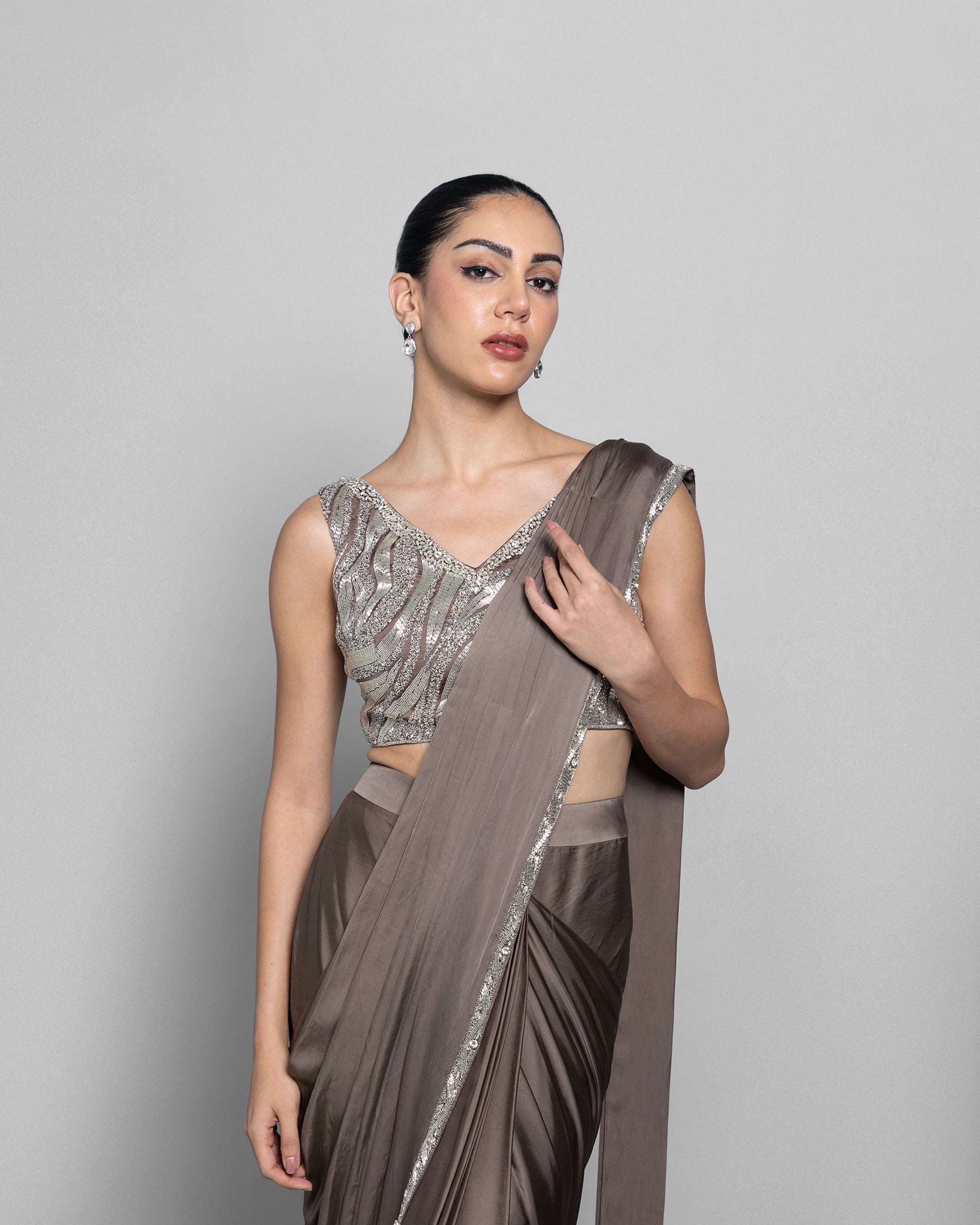 TAUPE SHIMMER PRE-DRAPED SAREE SET