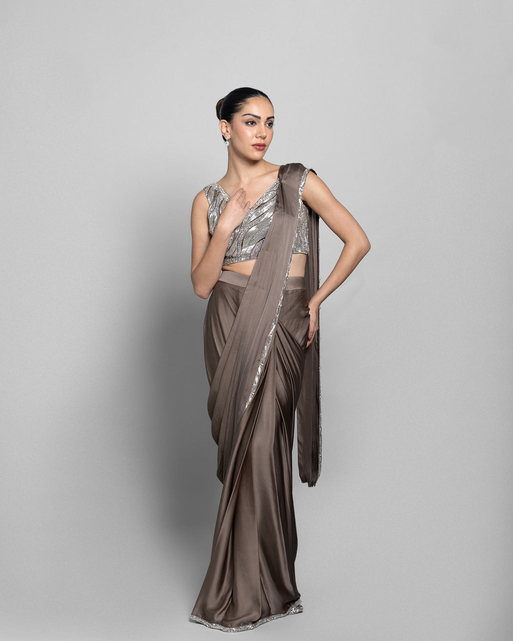 TAUPE SHIMMER PRE-DRAPED SAREE SET
