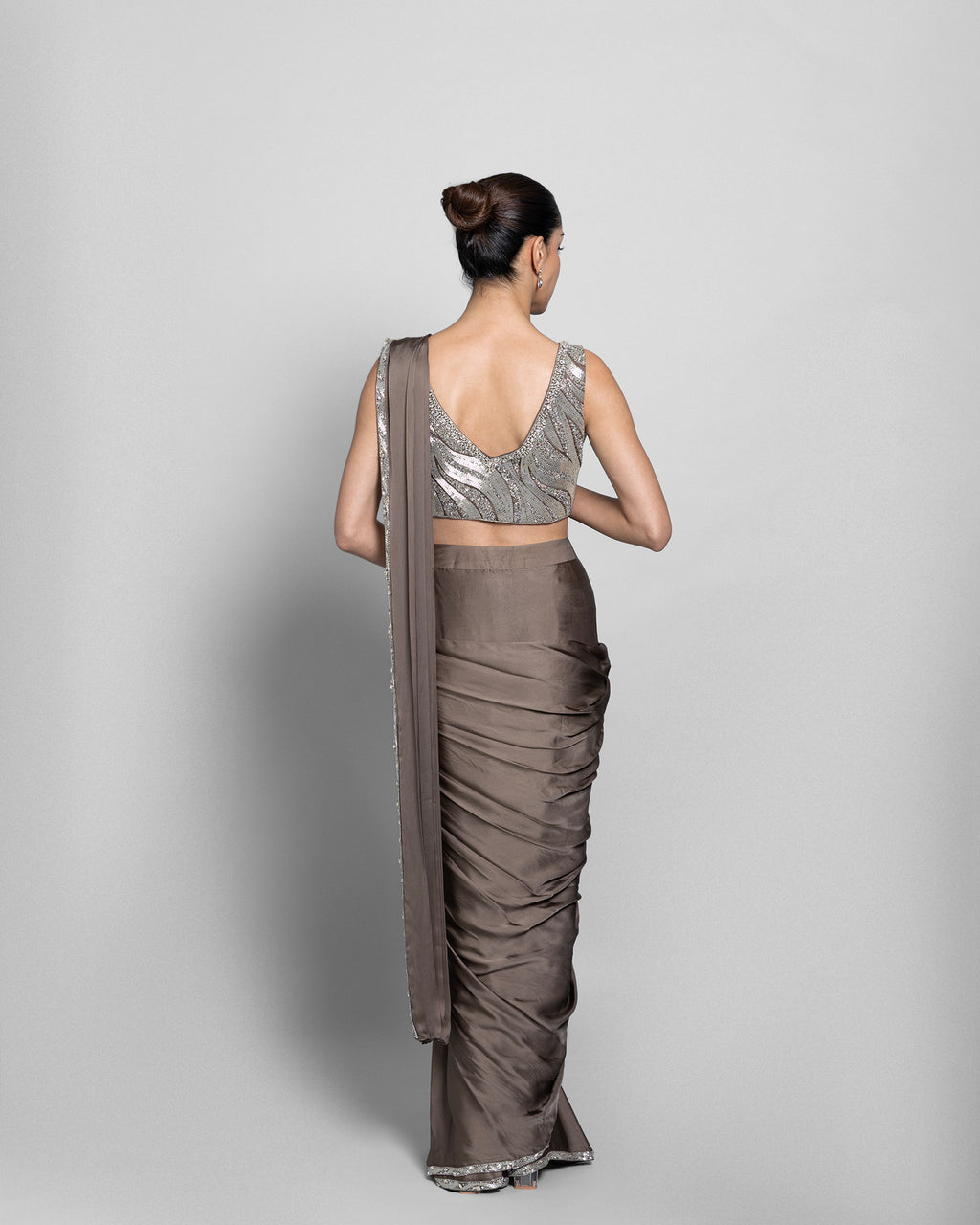 TAUPE SHIMMER PRE-DRAPED SAREE SET