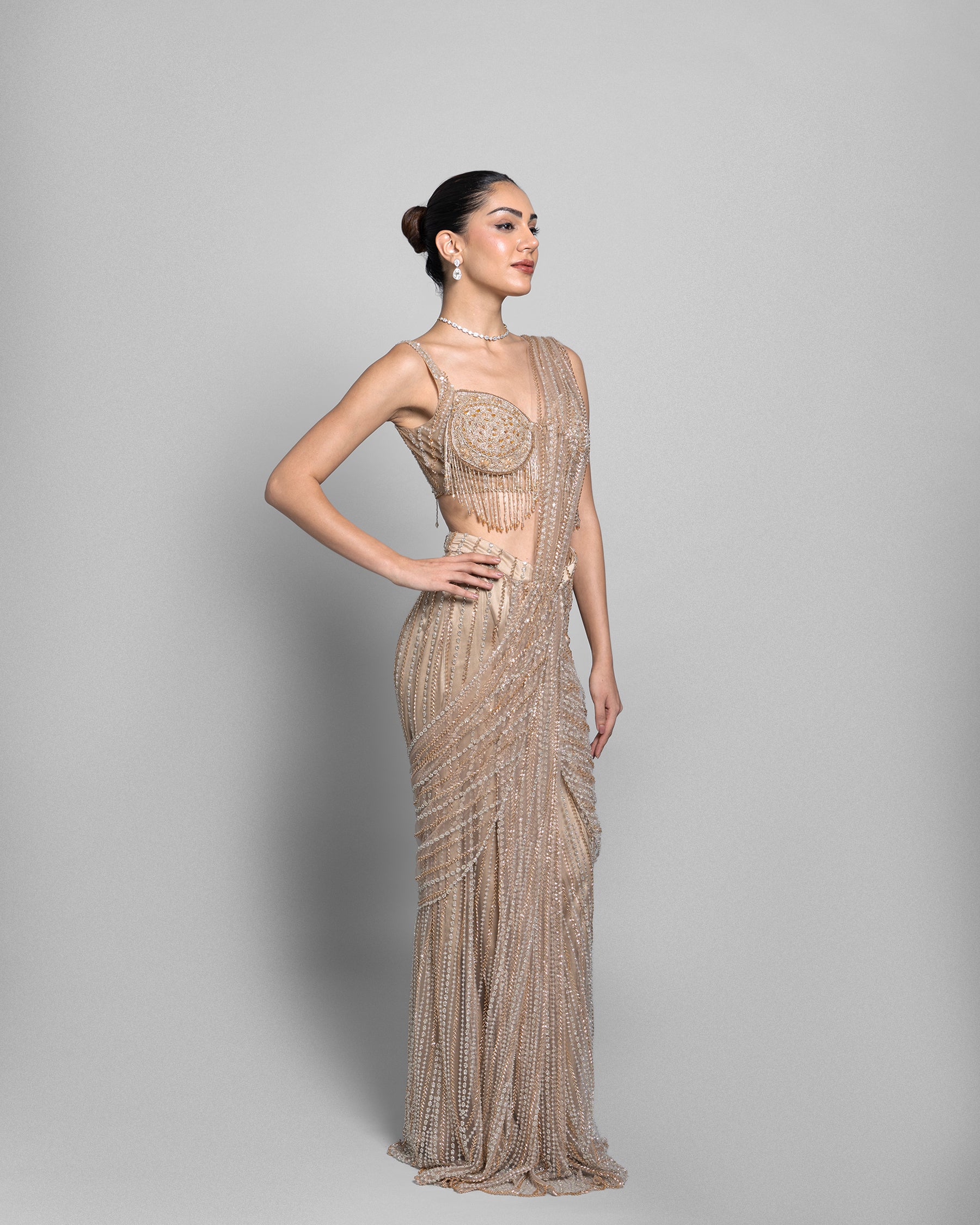CHAMPAGNE PRE-DRAPED SAREE SET