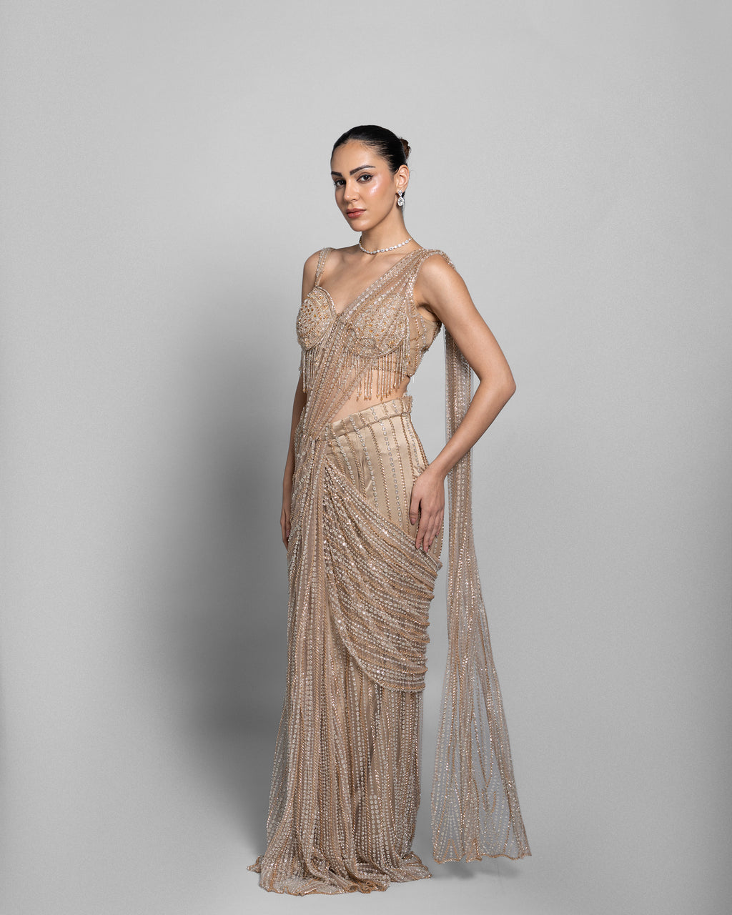 CHAMPAGNE PRE-DRAPED SAREE SET