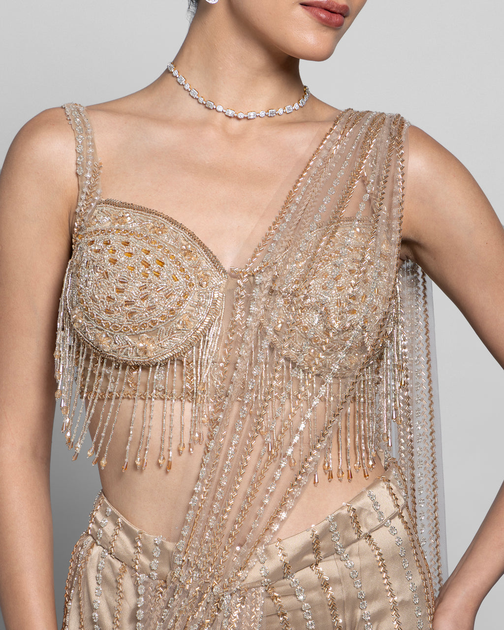 CHAMPAGNE PRE-DRAPED SAREE SET