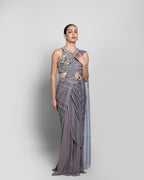 PRINTED HALTER-NECK PRE-DRAPED SAREE SET