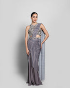 PRINTED HALTER-NECK PRE-DRAPED SAREE SET