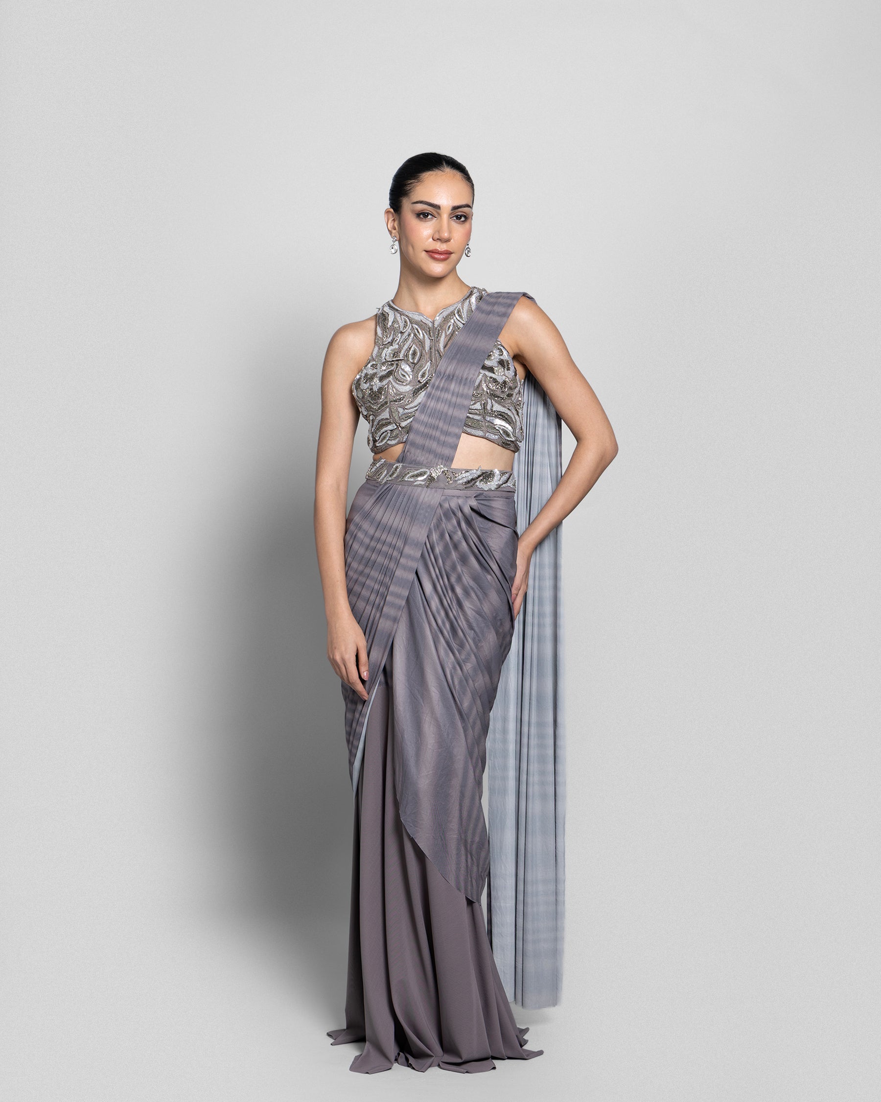 PRINTED HALTER-NECK PRE-DRAPED SAREE SET