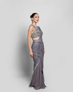 PRINTED HALTER-NECK PRE-DRAPED SAREE SET