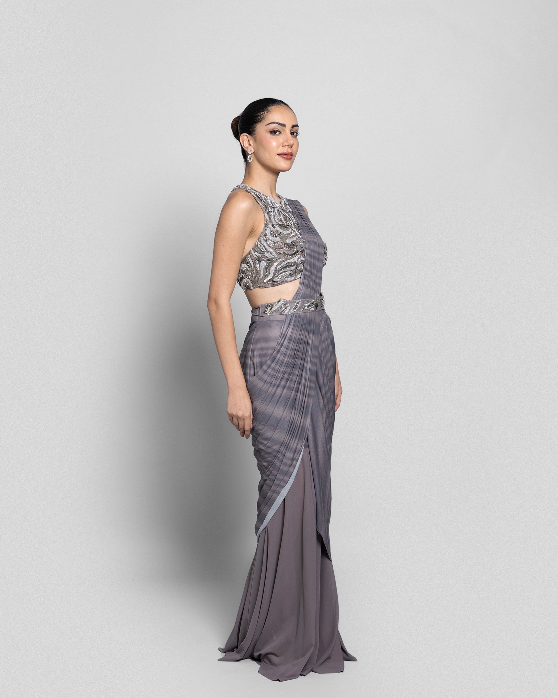PRINTED HALTER-NECK PRE-DRAPED SAREE SET