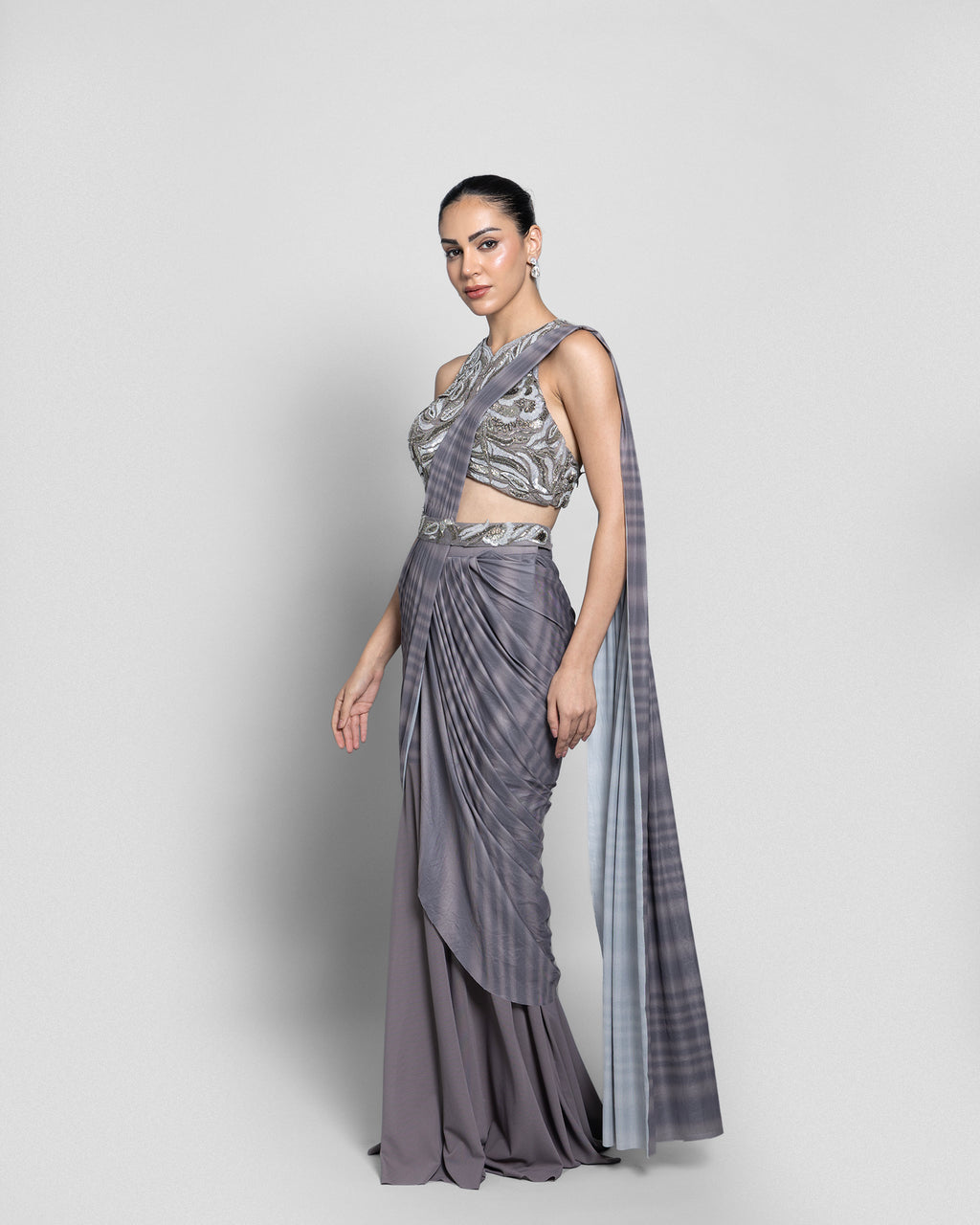 PRINTED HALTER-NECK PRE-DRAPED SAREE SET