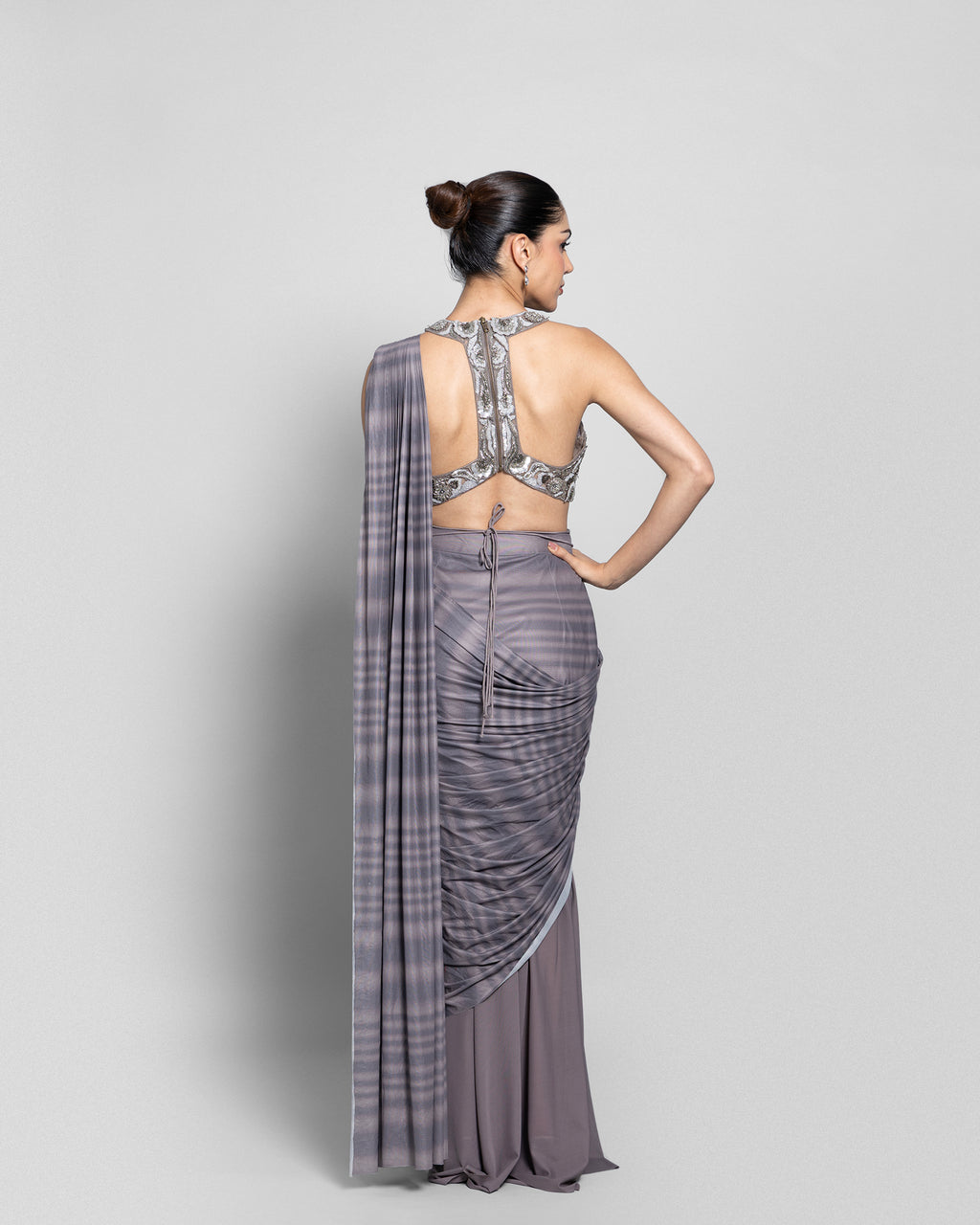 PRINTED HALTER-NECK PRE-DRAPED SAREE SET