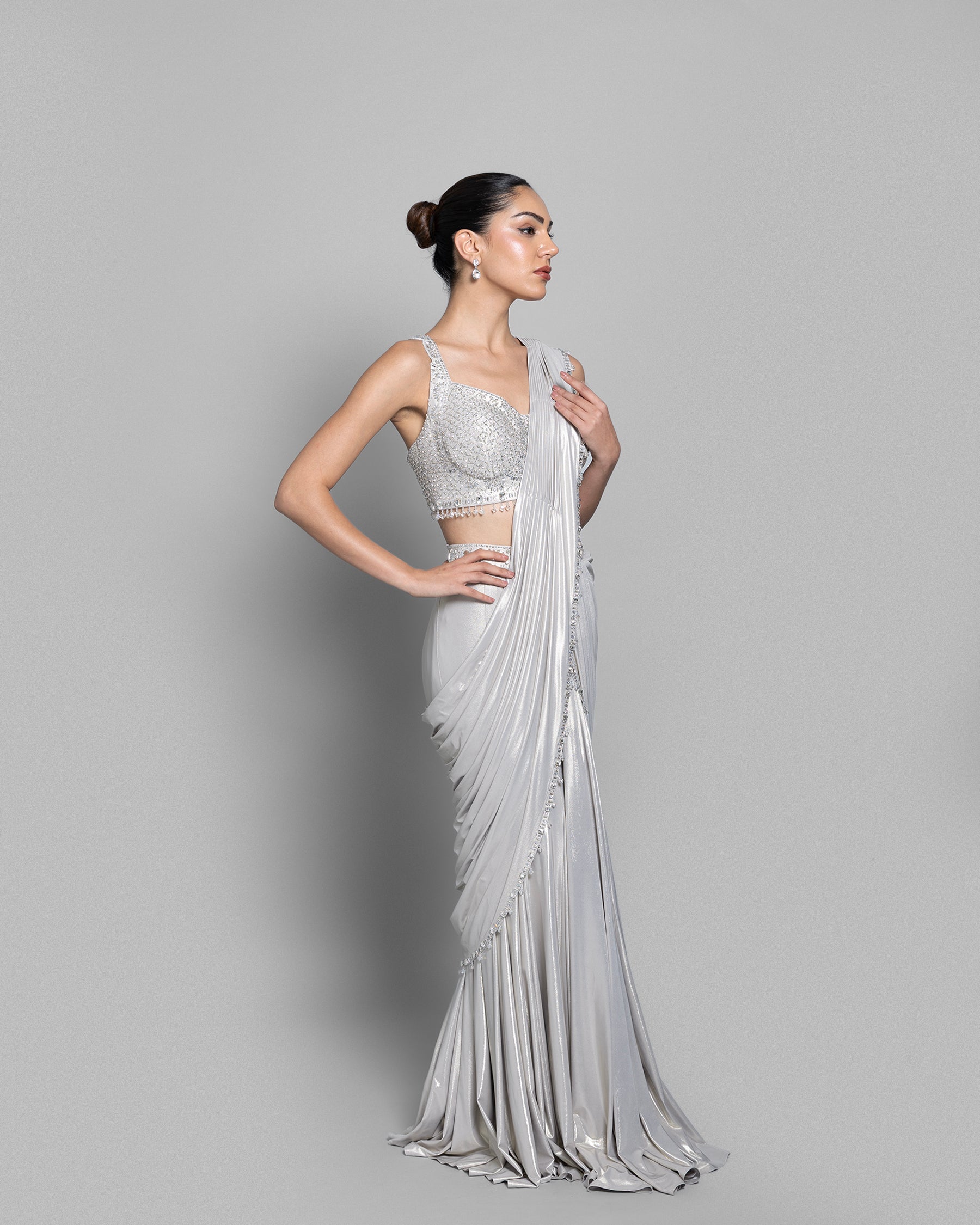 IVORY STONE STUDDED PRE-DRAPED SAREE SET