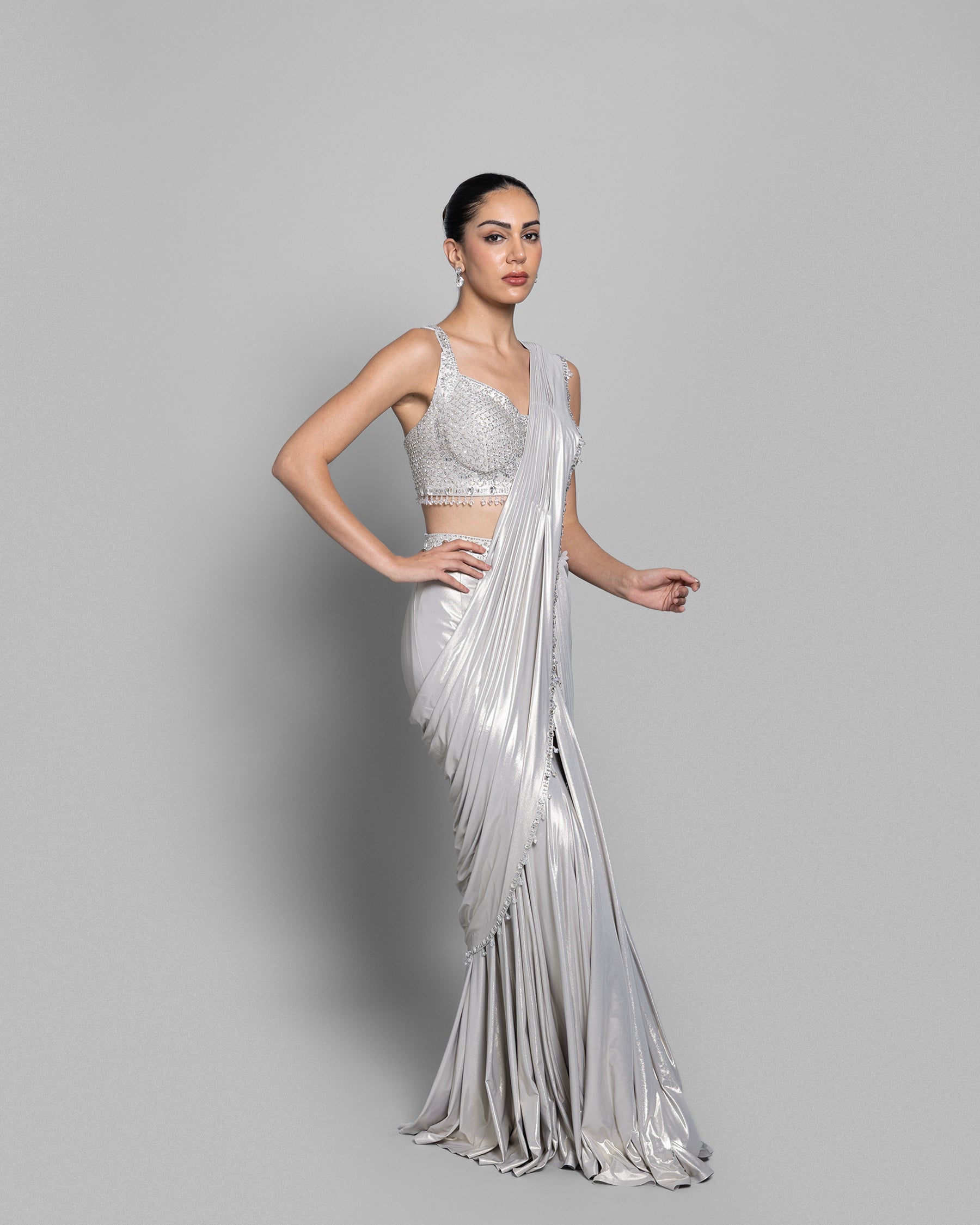 IVORY STONE STUDDED PRE-DRAPED SAREE SET