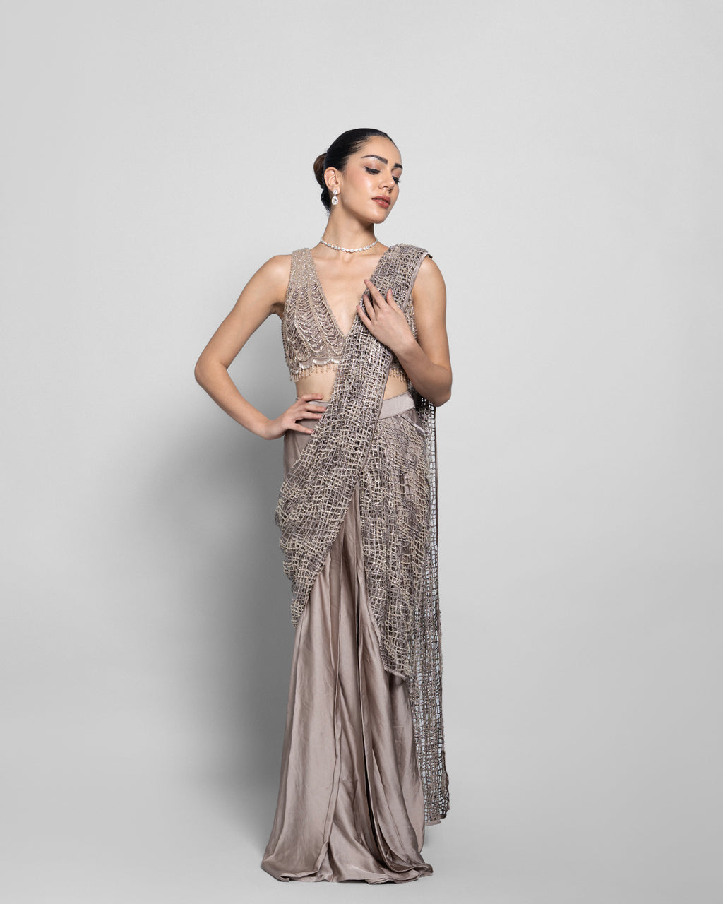 CELESTE CUTWORK PRE-DRAPED SAREE SET