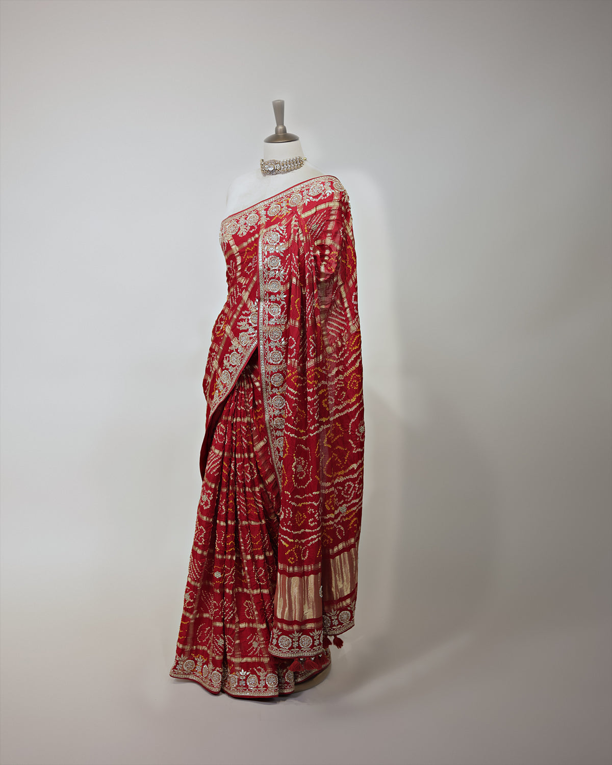 CRIMSON RED BANDHEJ GHARCHOLA SAREE