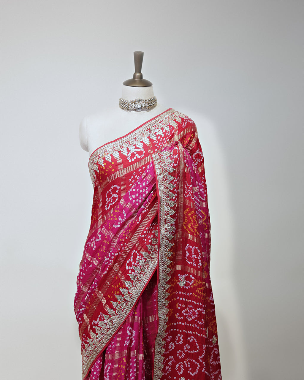 RANI & RED BANDHEJ GHARCHOLA SAREE