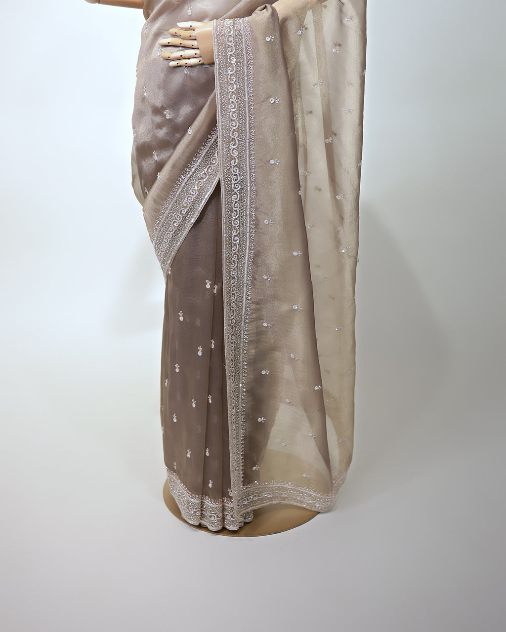 TAUPE EMBELLISHED TISSUE SAREE