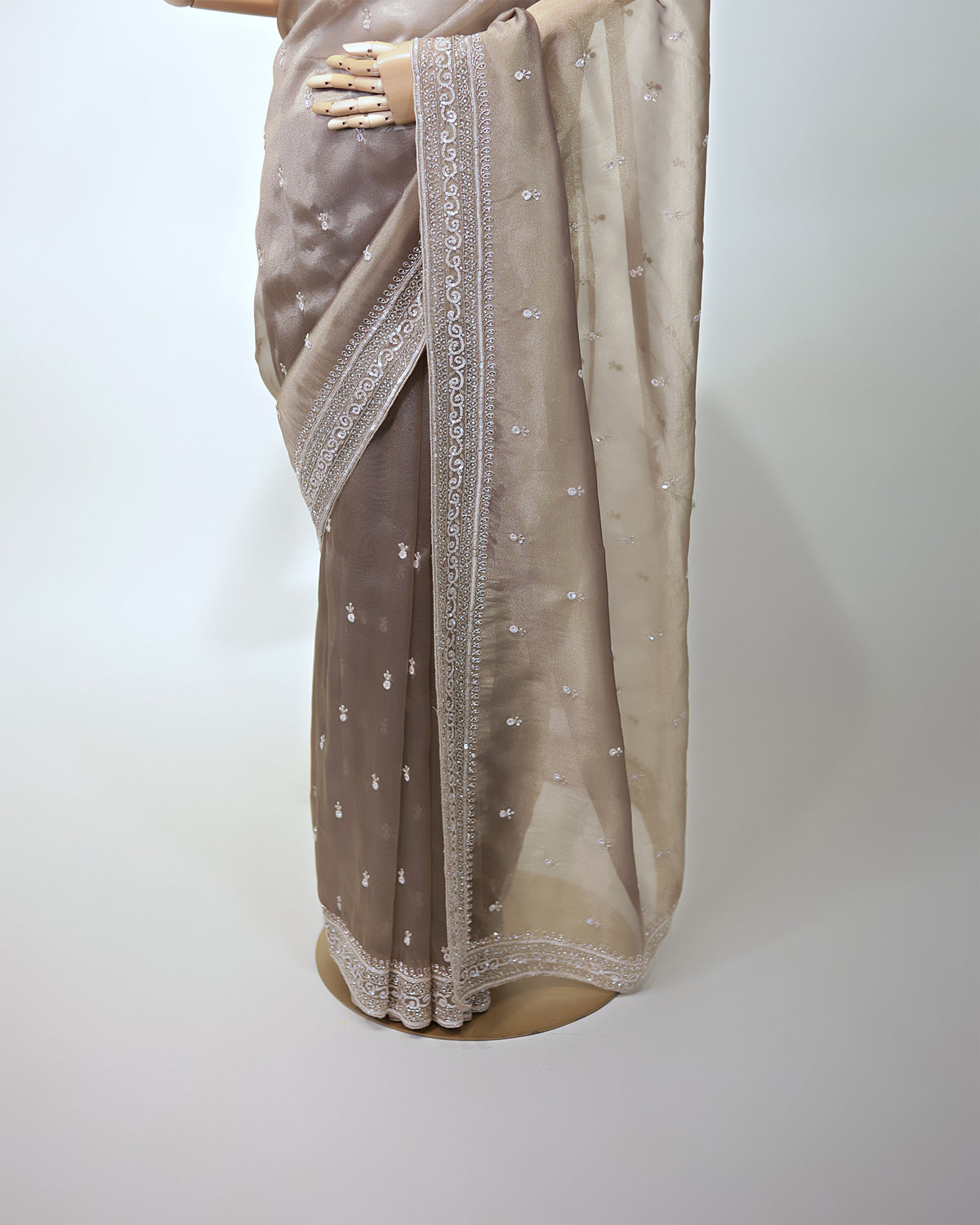 TAUPE EMBELLISHED TISSUE SAREE