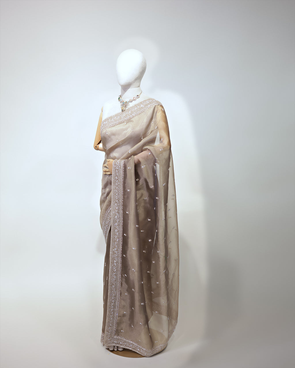TAUPE EMBELLISHED TISSUE SAREE