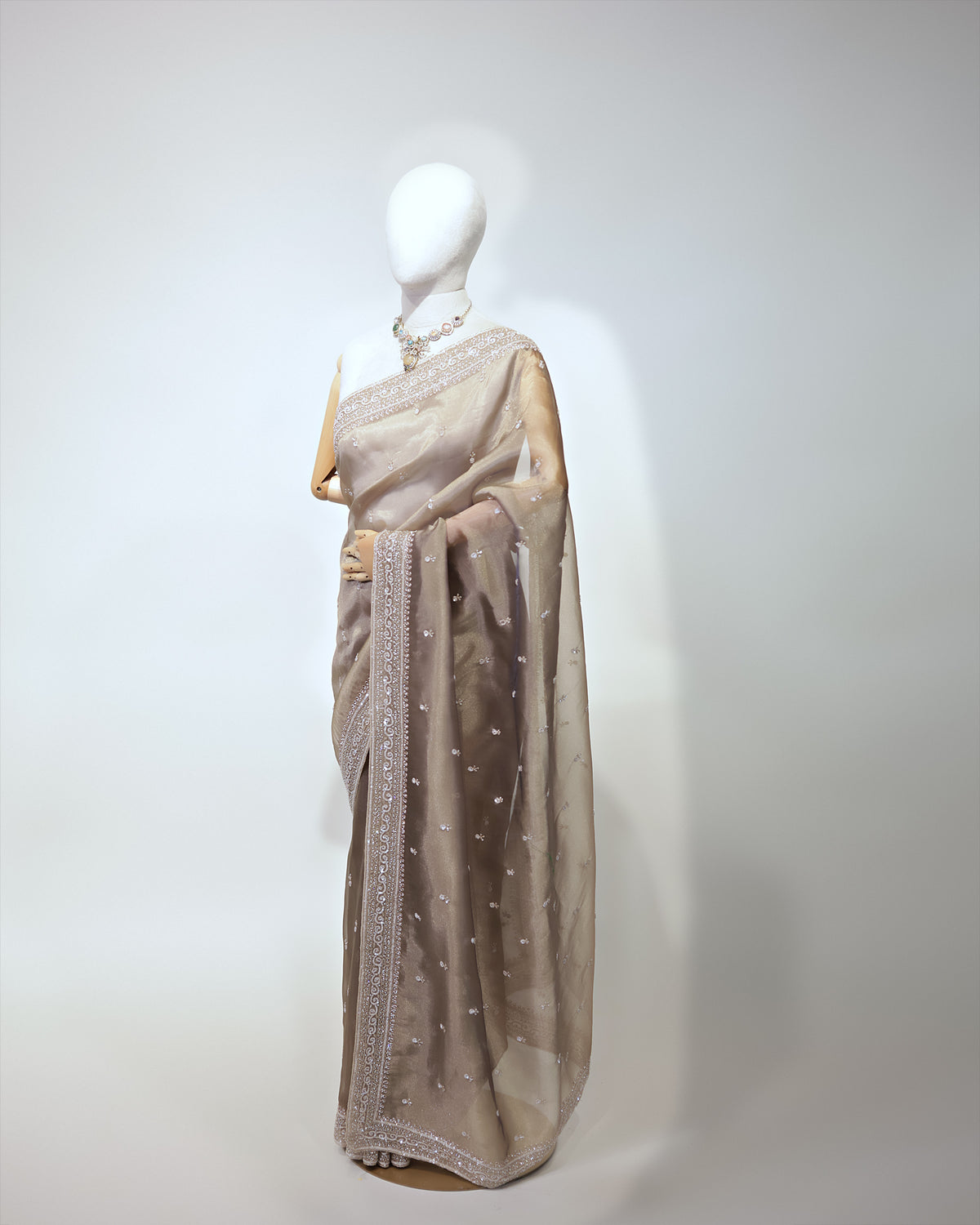 TAUPE EMBELLISHED TISSUE SAREE