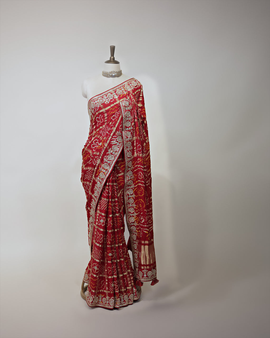 CRIMSON RED BANDHEJ GHARCHOLA SAREE