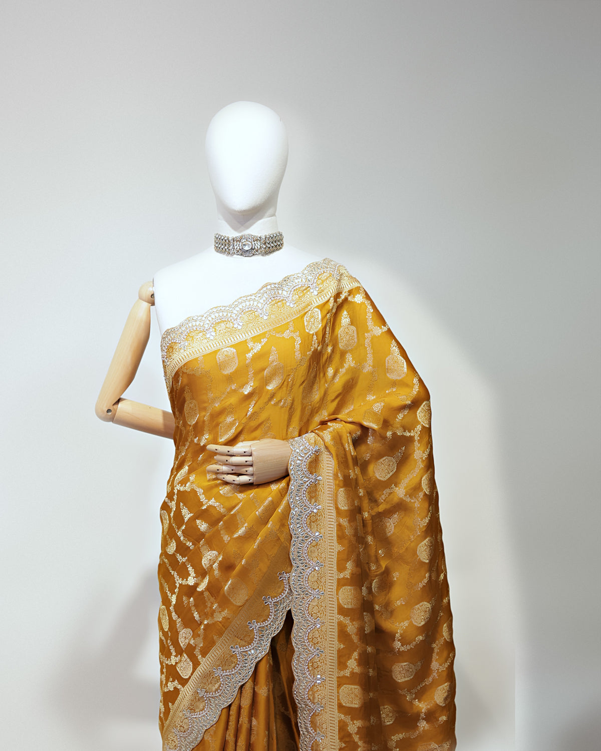 MUSTARD YELLOW BANARASI CREPE SAREE